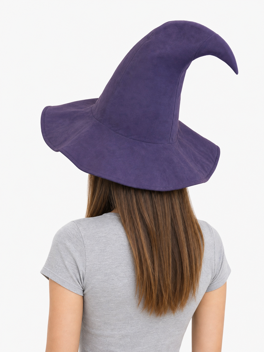 Purple fabric witch hat shown from the back on a woman, with a curved pointed crown and wide floppy brim