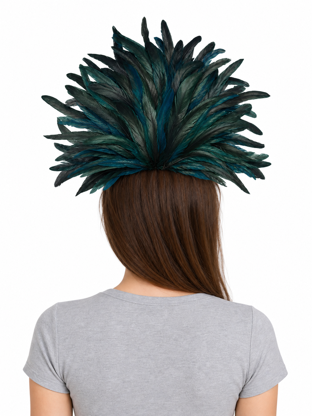 Turquoise feathered masquerade mask headpiece product view 18