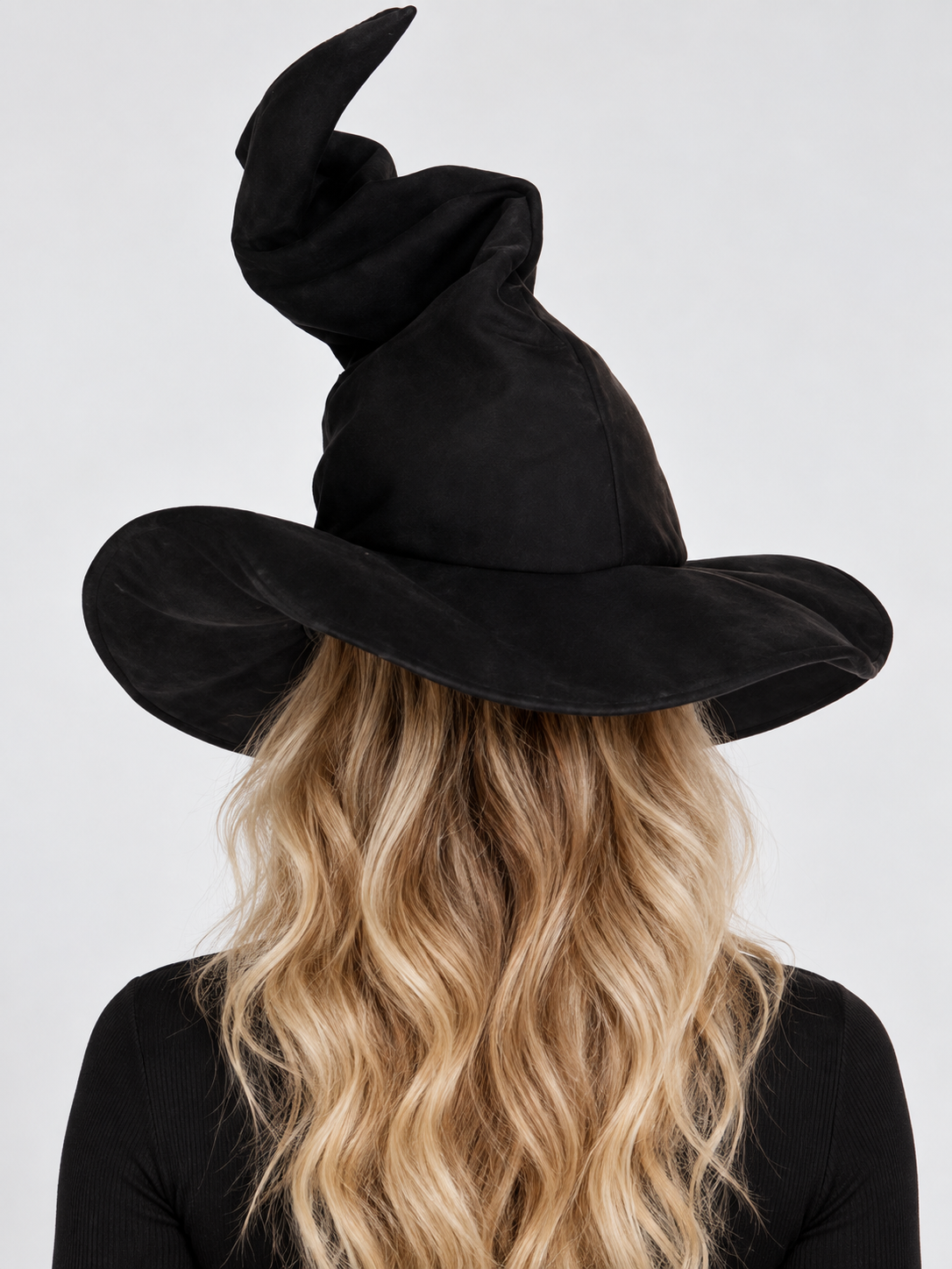 Black Witch Hat with a Wide Brim and Curled Tip back view