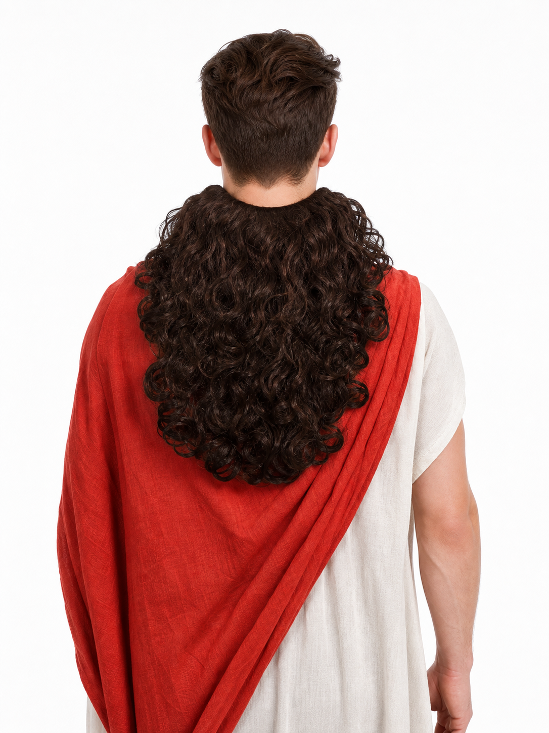 Dark brown curly hairpiece shown from the back on a model wearing red and white draped fabric