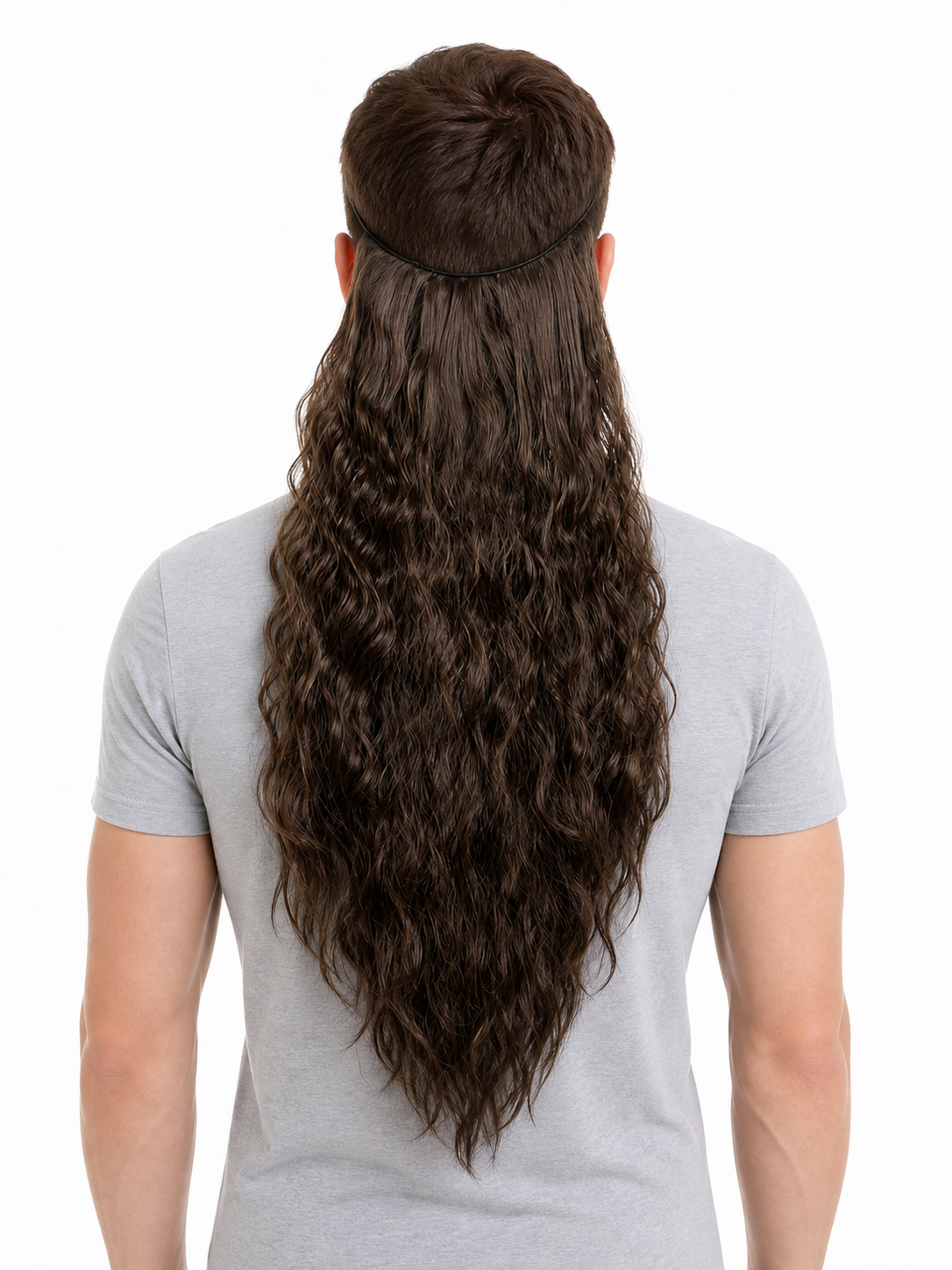 Long brown wavy costume beard worn by a man viewed from behind, secured around the back of his head and reaching below his shoulders