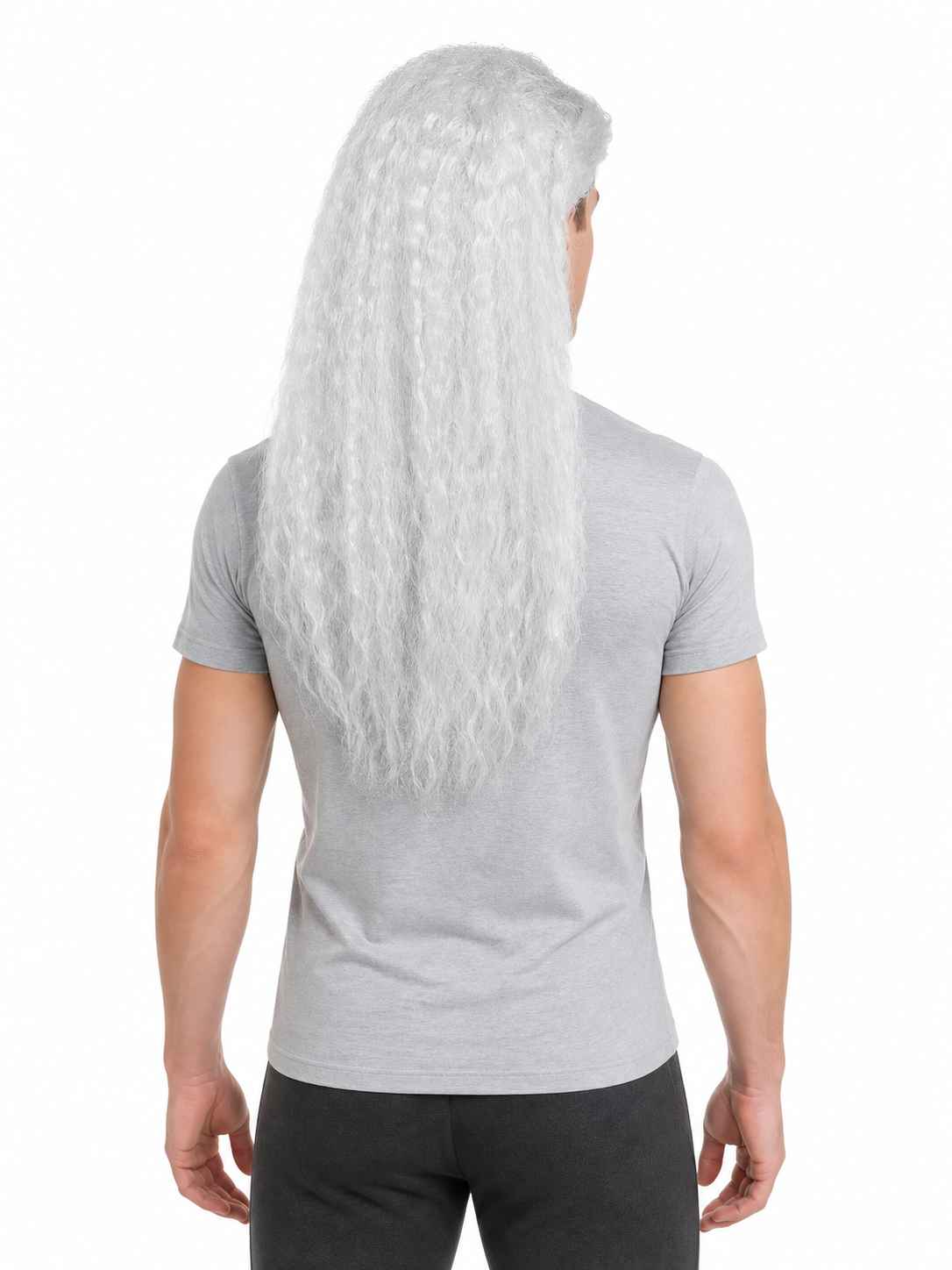 Long white wavy wig worn by a man in a gray T-shirt, shown from the back with the hair extending down the upper back