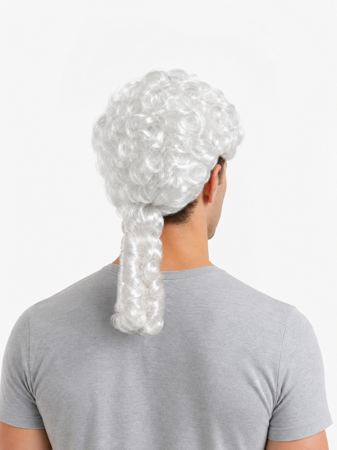 Back view of a white curly wig with a long tied section, worn by a model in a gray shirt