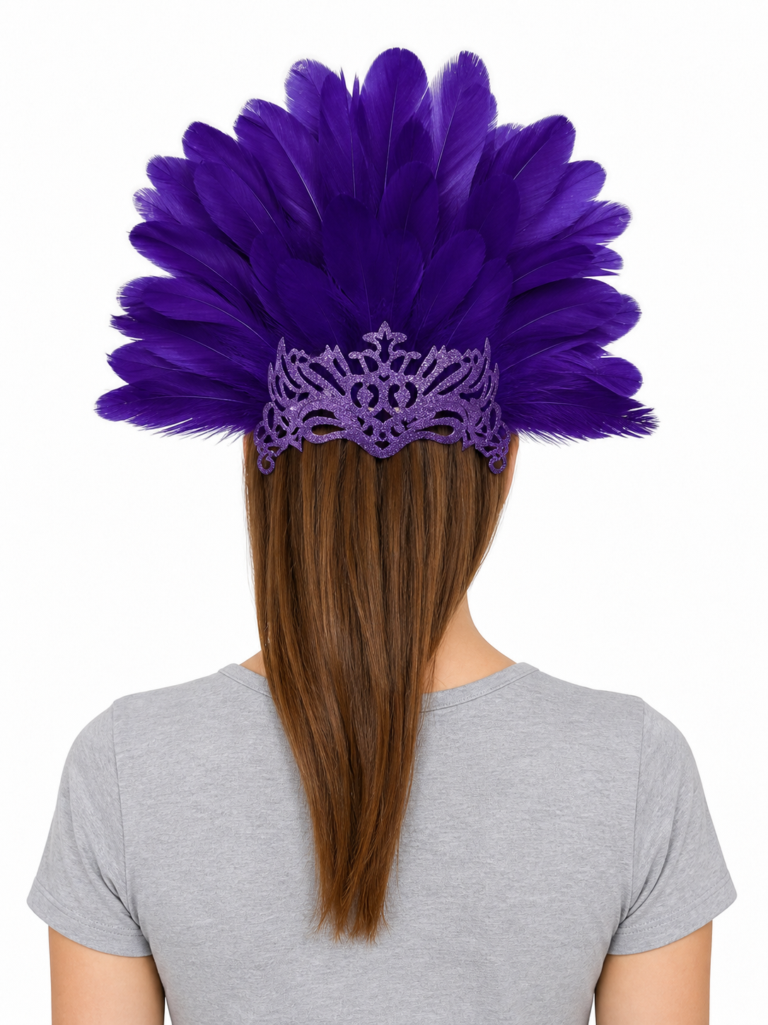 Purple feathered masquerade mask product view 18
