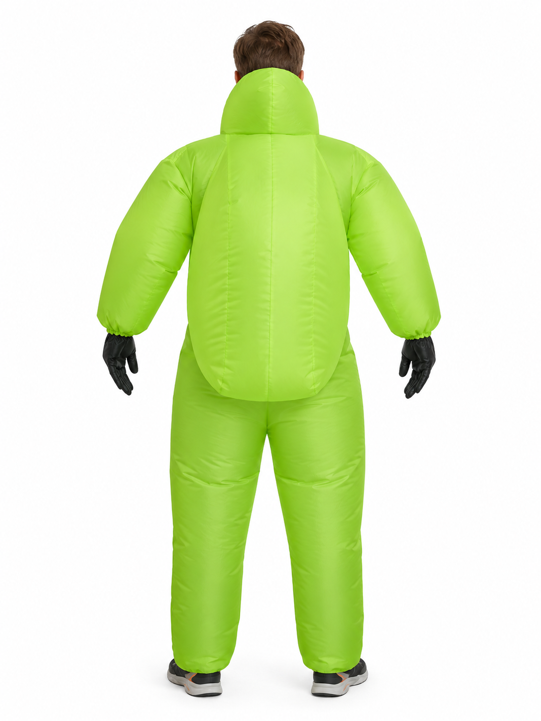 Bright green inflatable costume with hood and clear window