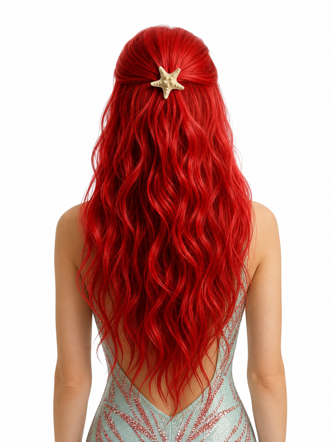 Model shown from behind wearing a long red wavy wig with a starfish clip and a silver patterned costume bodice