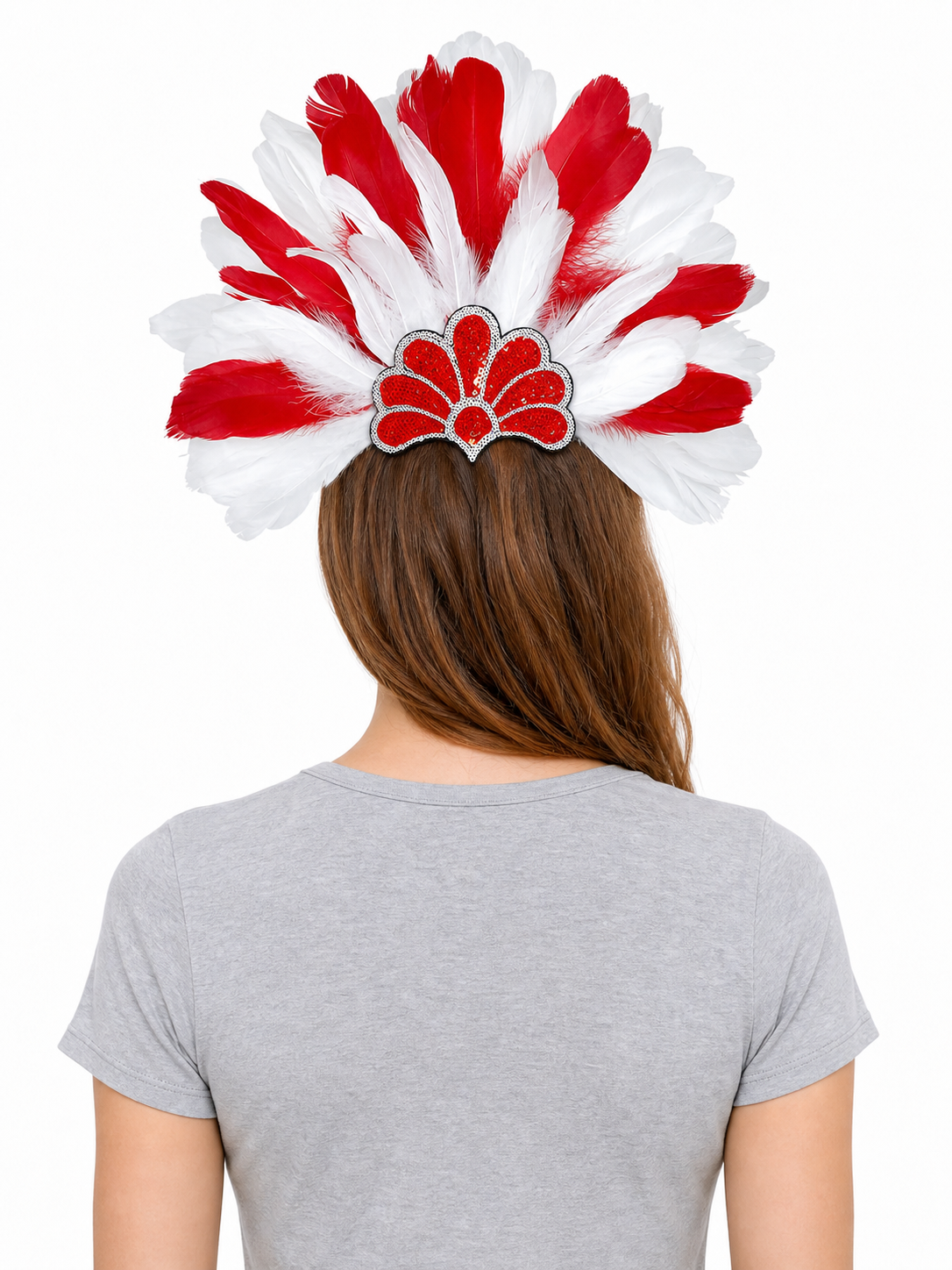 Carnival headpiece with red and white feathers