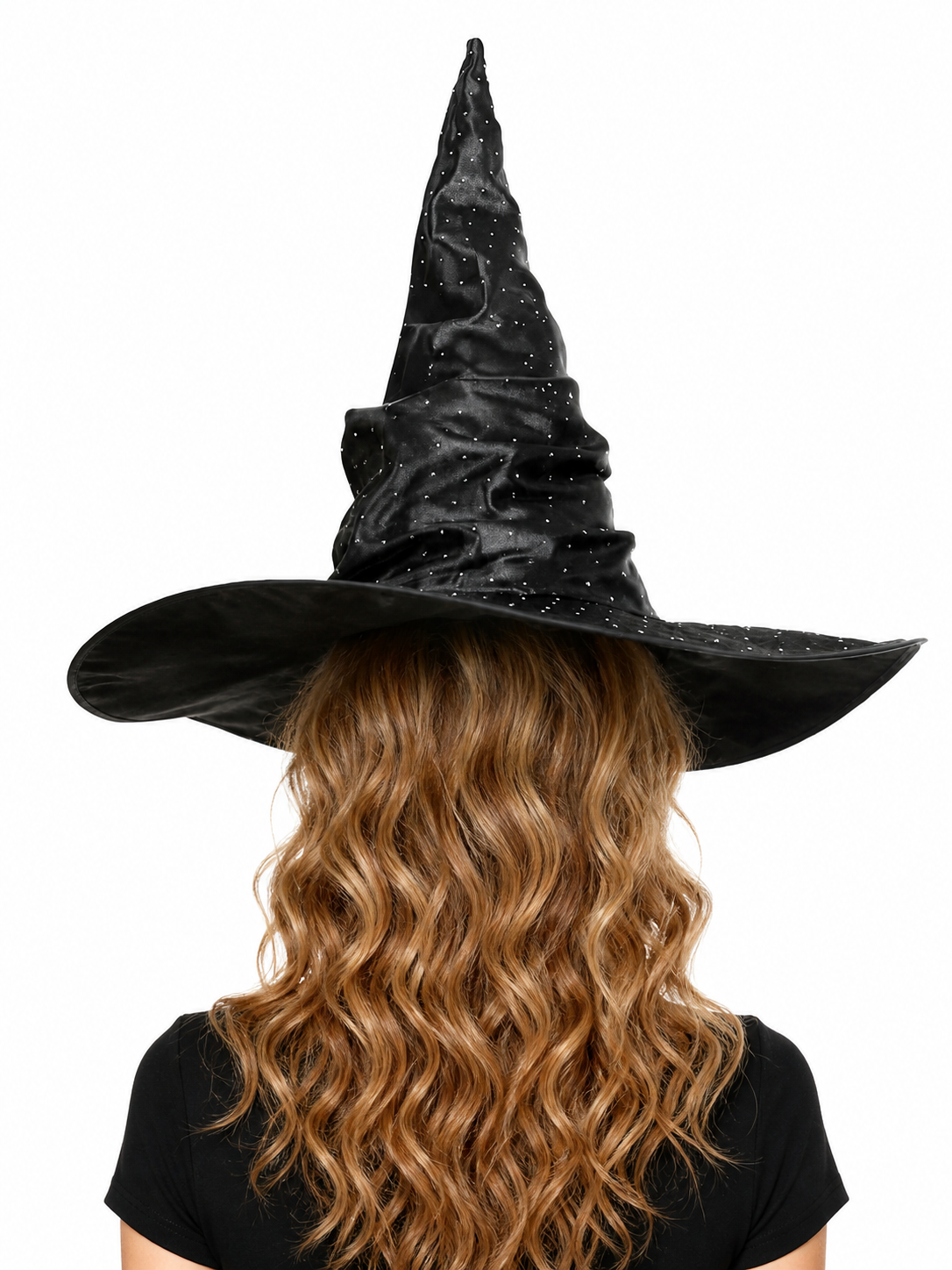 Black Halloween Witch Hat Pointed Wide Brim Ruched Crown With Silver-White Dot Embellishments Costume Accessory
