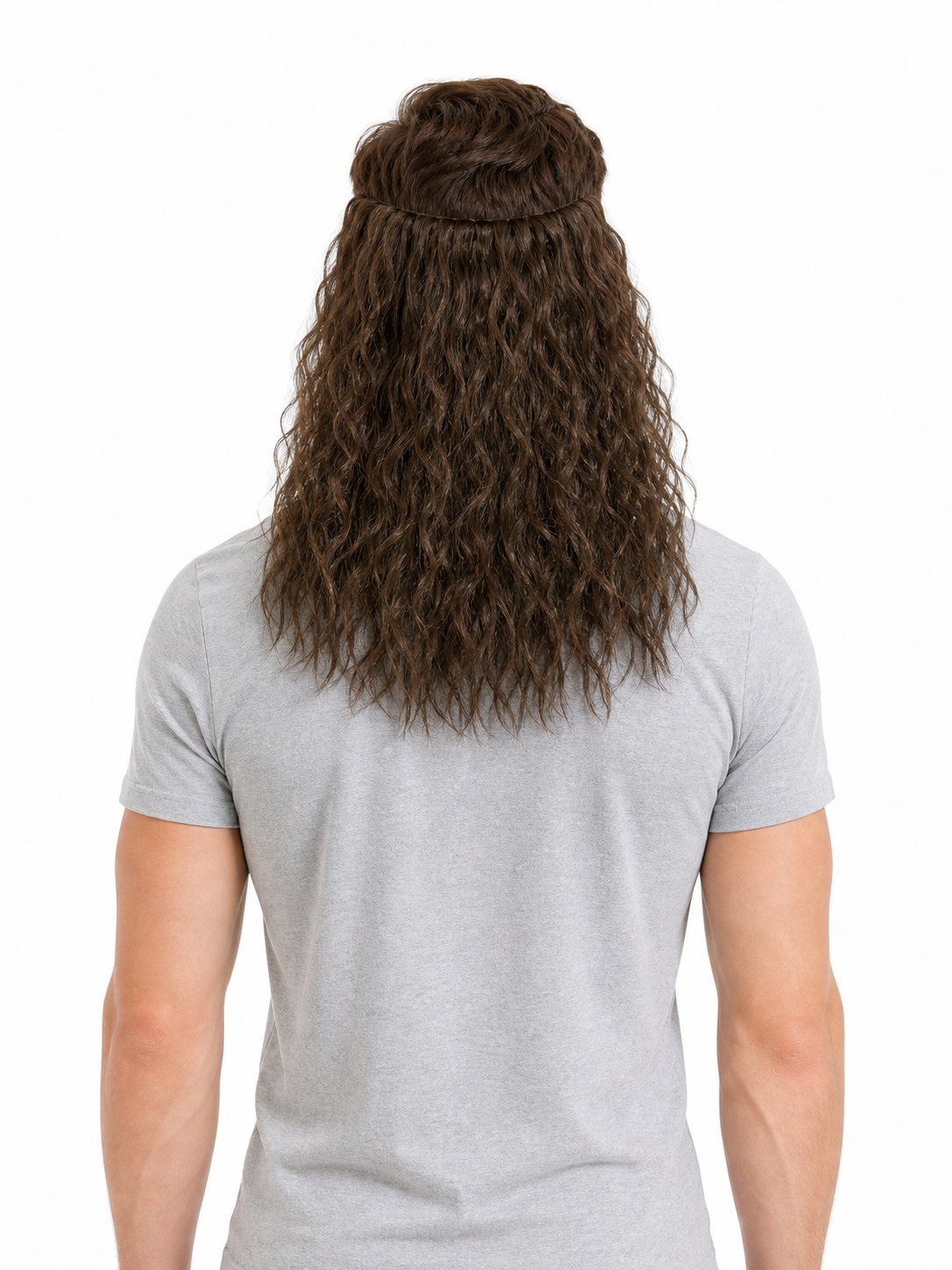 Back view of a man wearing the long brown curly hair accessory, with the gathered top and shoulder-length strands visible