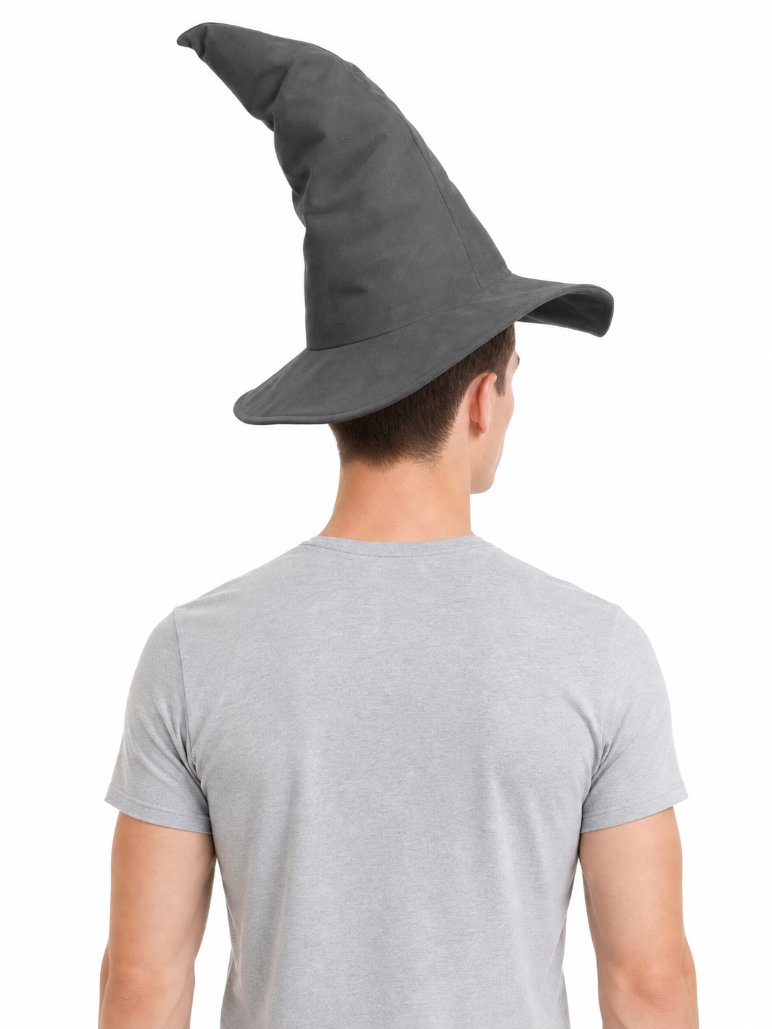 Pointed black fabric hat with a bent crown and wide brim, shown from the back on a male model