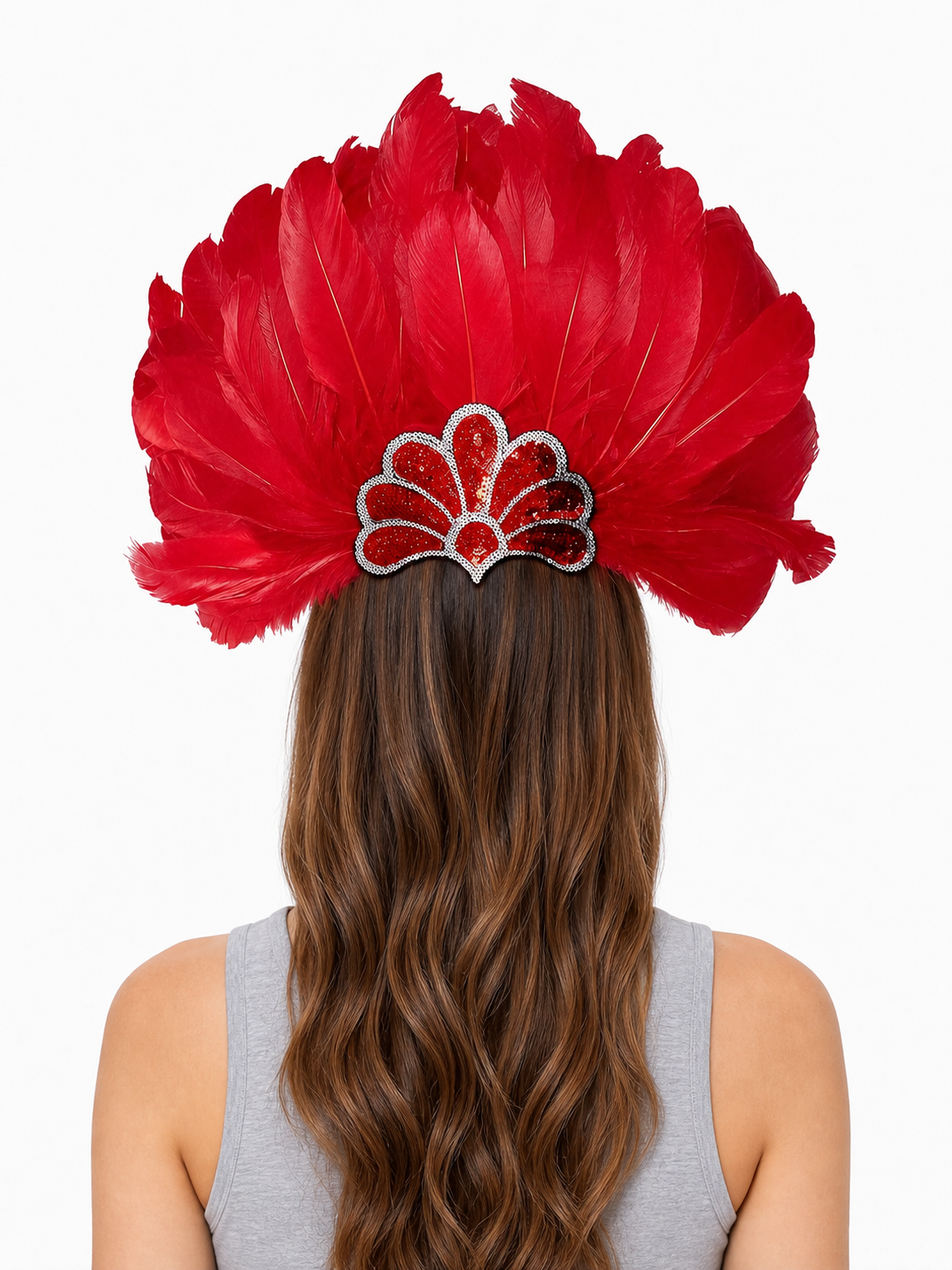 Carnival Headpiece with Red Feathers back view 2