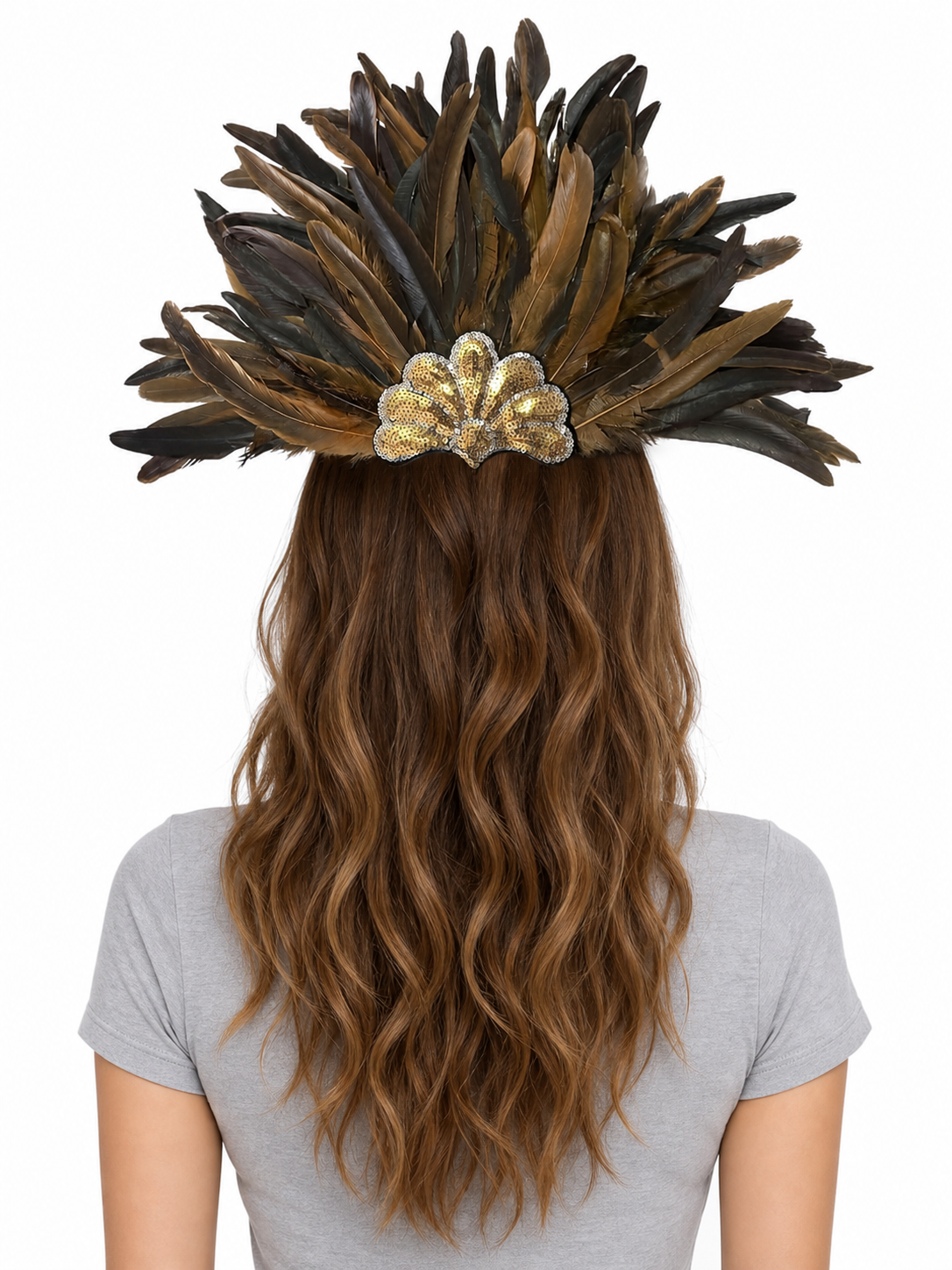 Feather headpiece with black and brown feathers and a gold sequined center, shown from the back on a model 2