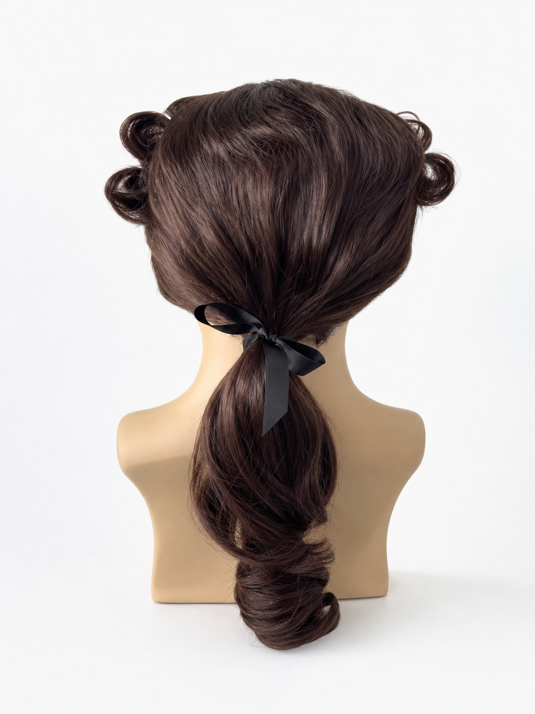 Dark brown glossy costume wig displayed on a mannequin from the back, with curled side sections, a low ponytail, and black ribbon 2