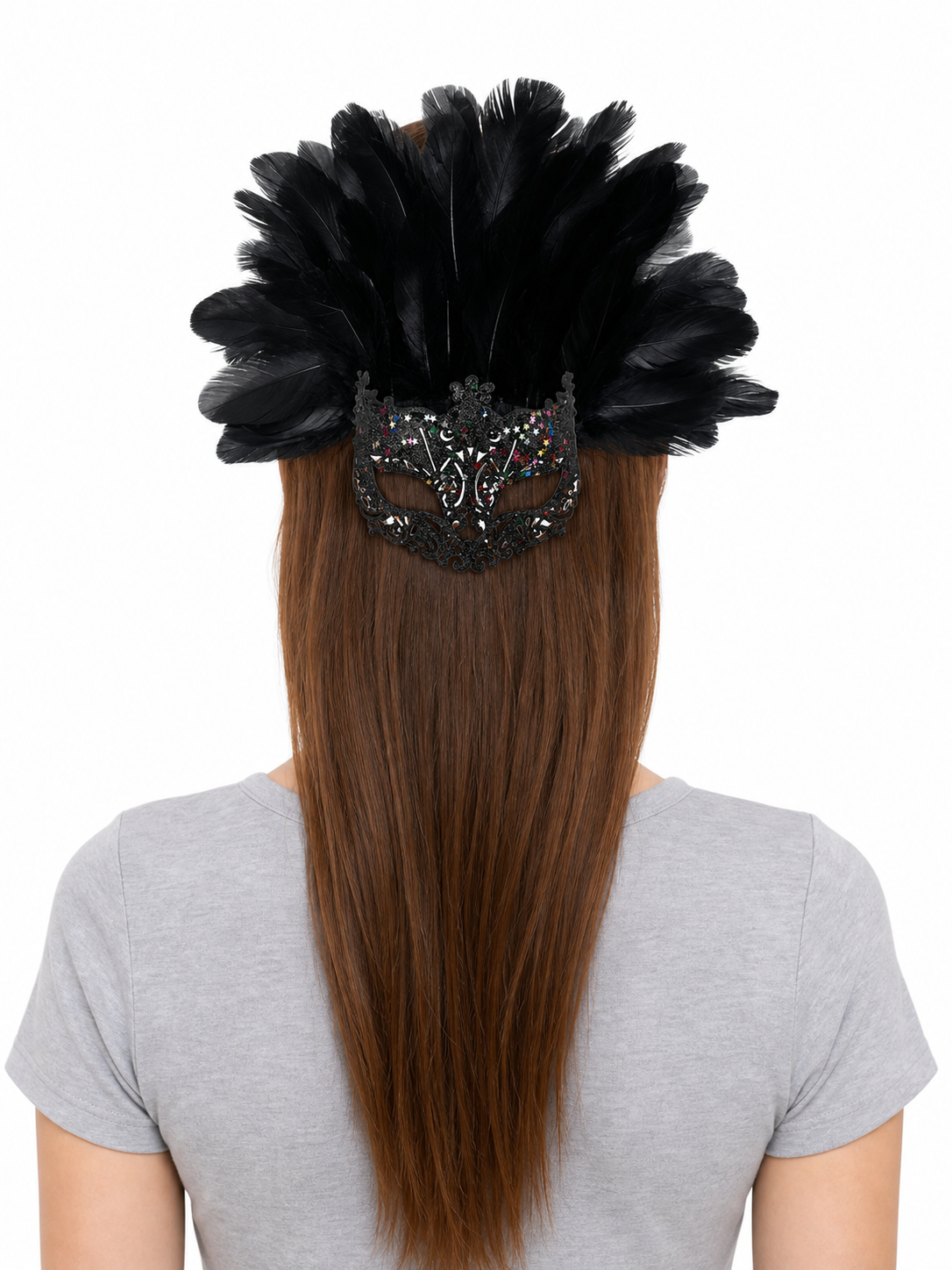 Masquerade Mask with Black Feathers and Glitter