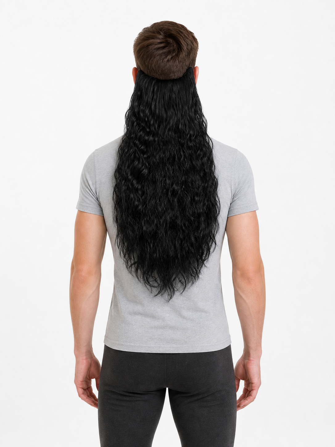 Costume beard in long black wavy fibers, shown worn from the back on a person against a plain white background