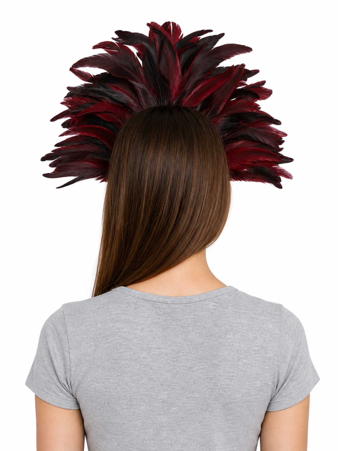 Carnival headpiece with feathers and mask back view 3