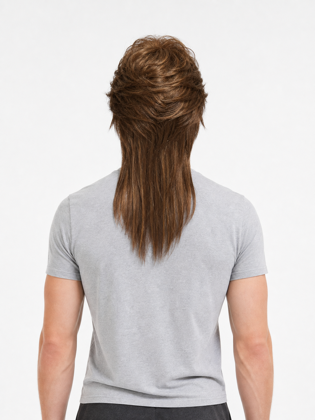 Brown costume wig shown from the back on a model, with layered volume at the crown and long straight hair below