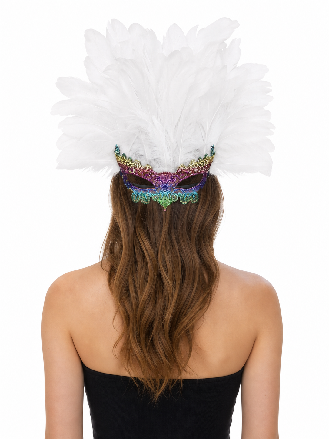 Masquerade headpiece with feathers and a mask