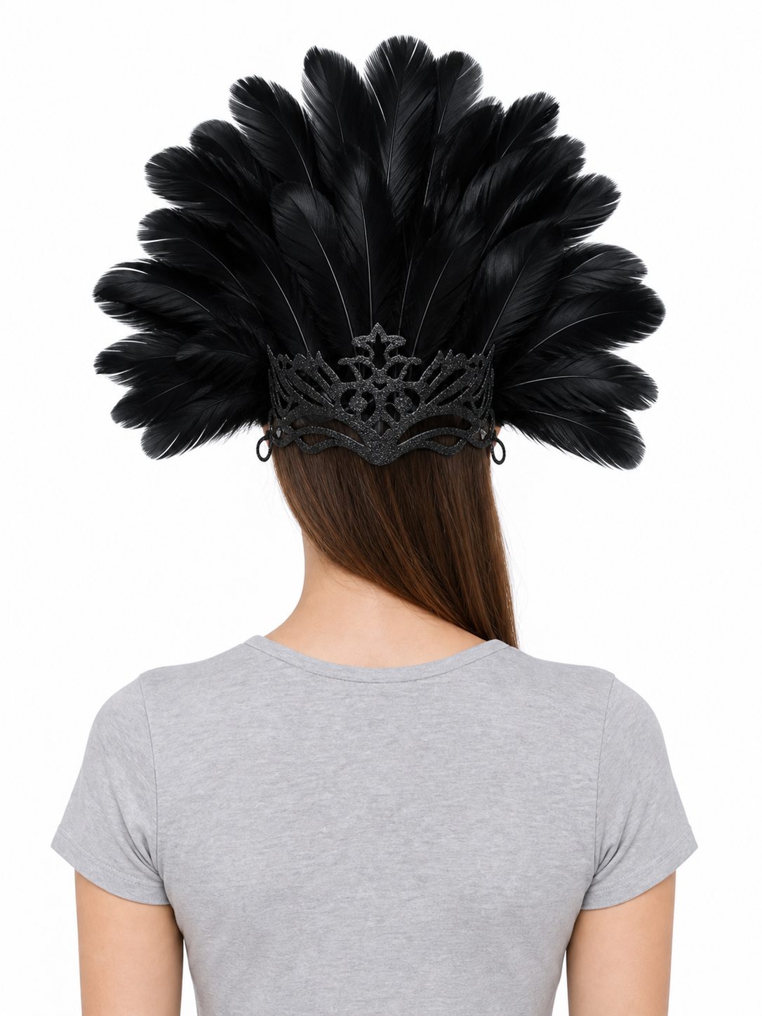 Carnival headpiece with black feathers and a mask
