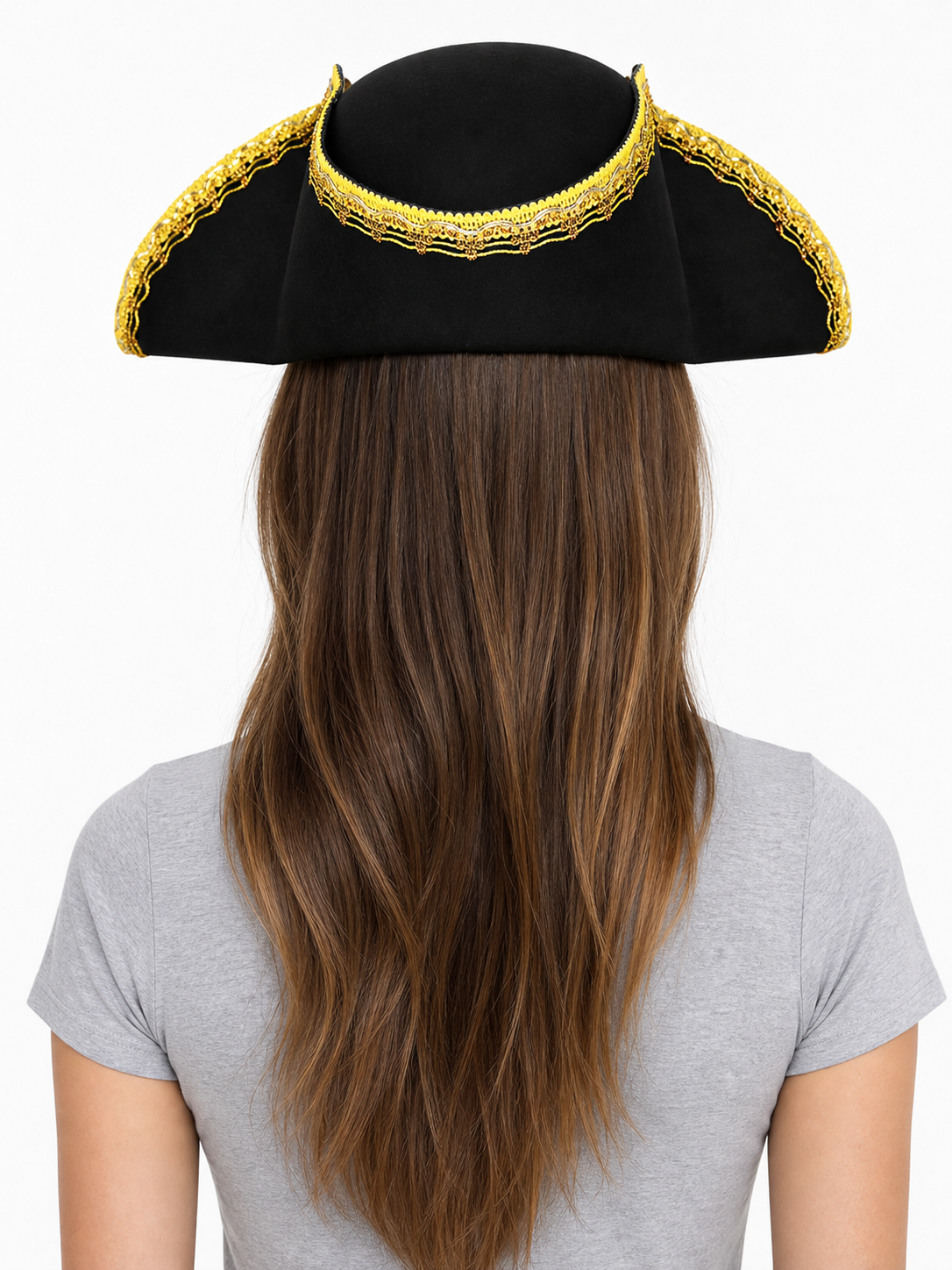 Black tricorn hat with gold edging shown from the back on a woman with long brown hair