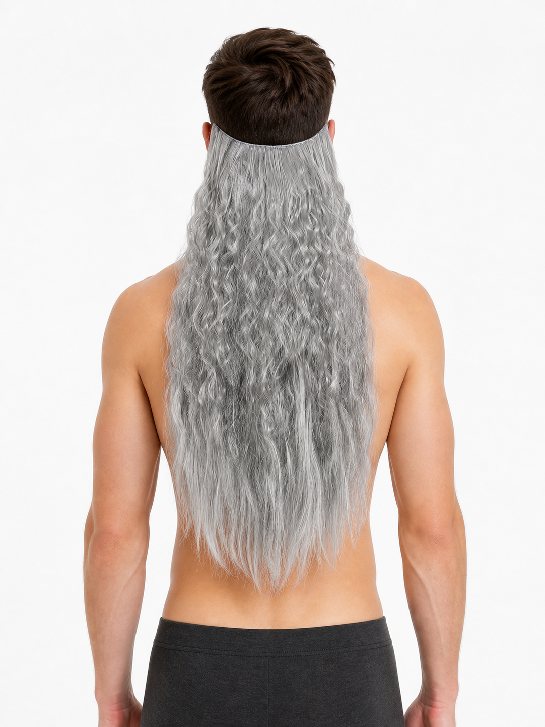 Back view of a shirtless model wearing the gray wavy beard accessory, showing its long textured strands