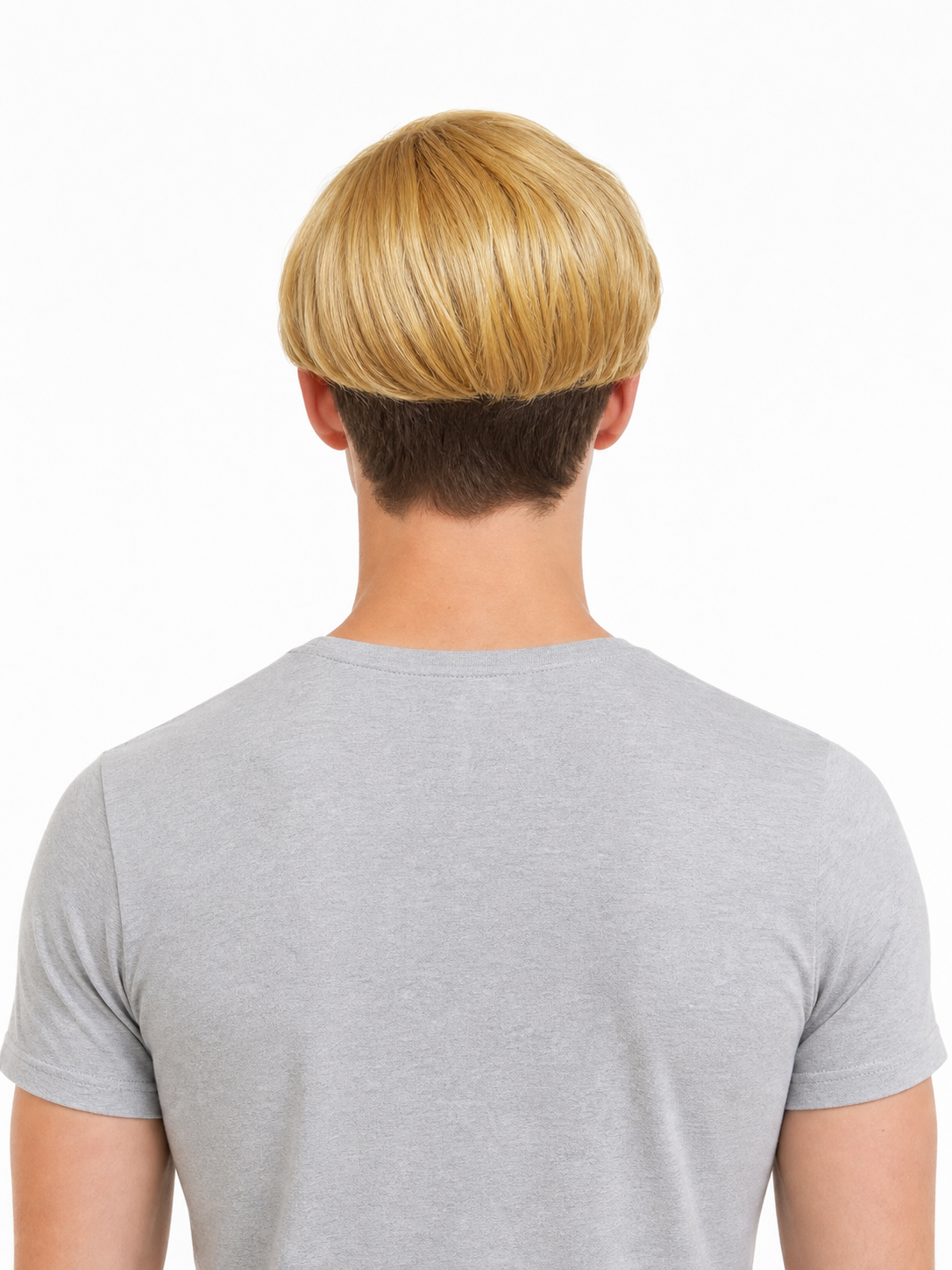 Golden short wig shown from the back on a model, with layered golden hair covering the crown