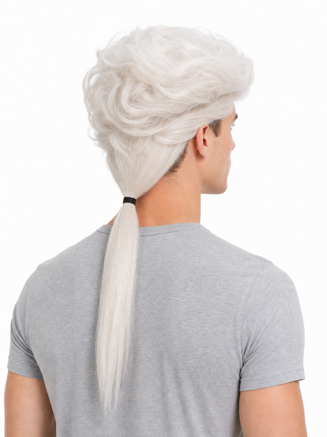 Back view of a model wearing a white wavy costume wig with a long straight braid