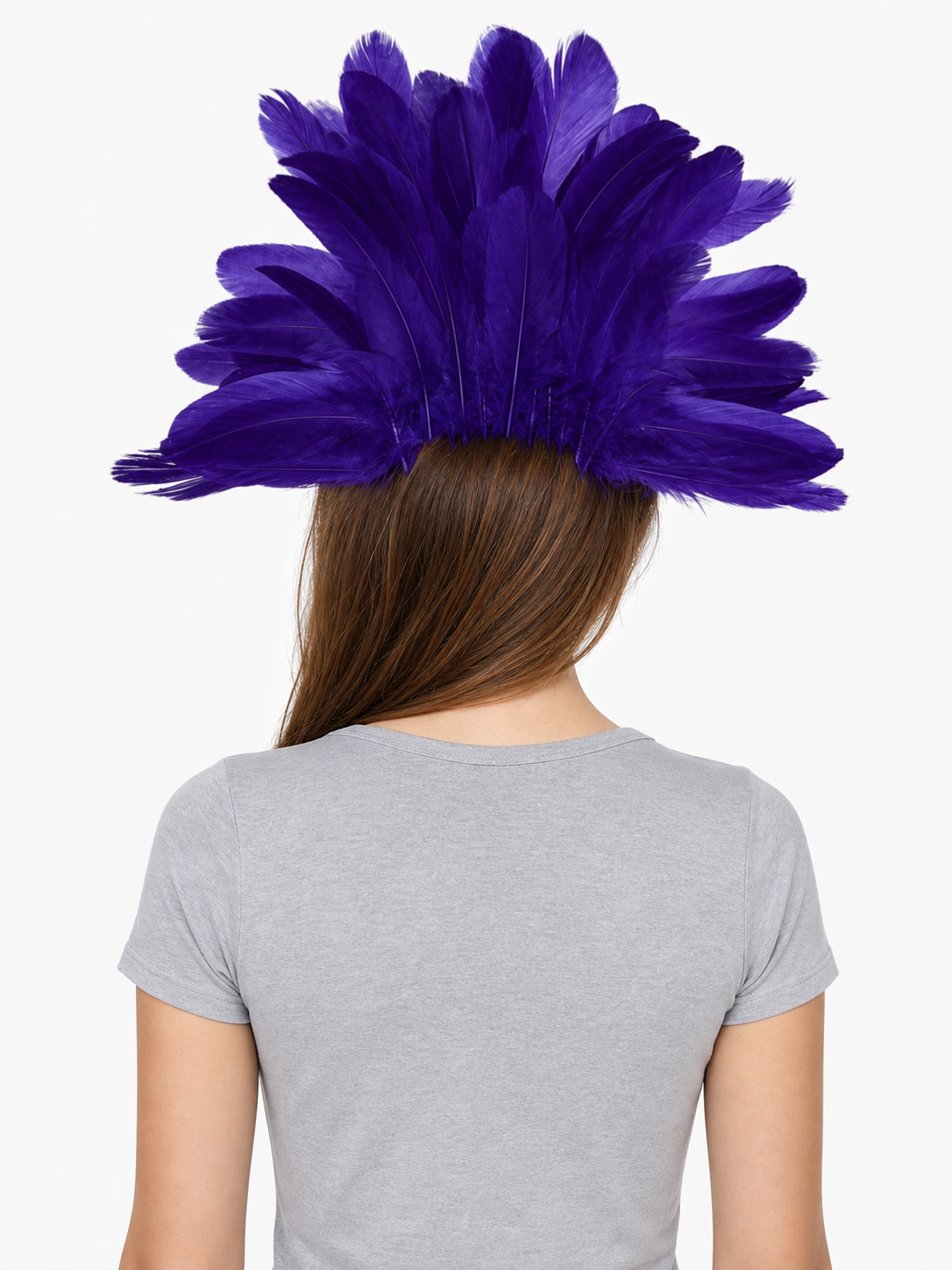 Purple feathered headpiece attached to a masquerade mask, shown from the back on a model against a white background