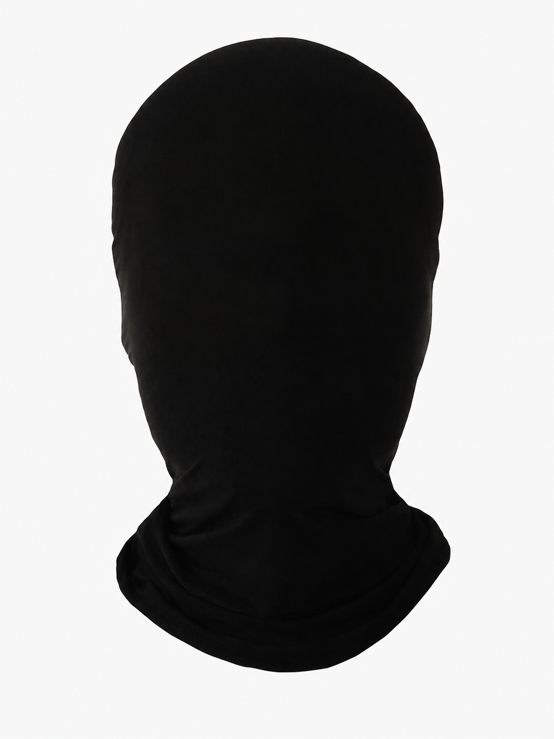 Black full-face fabric mask shown from the back against a white background, with a gathered neck covering