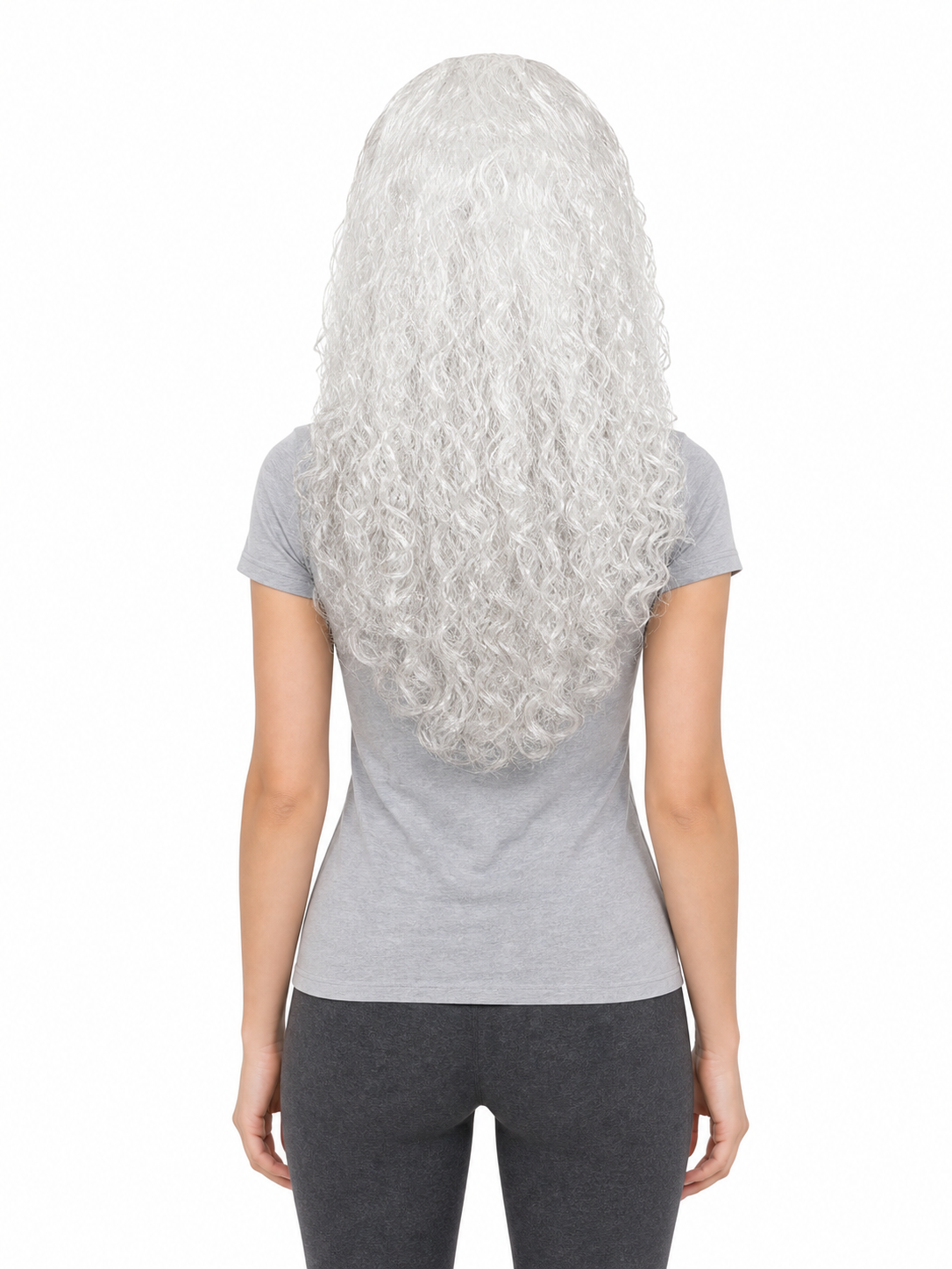 White long curly wig modeled from the back with a gray T-shirt, showing dense curls extending down the back
