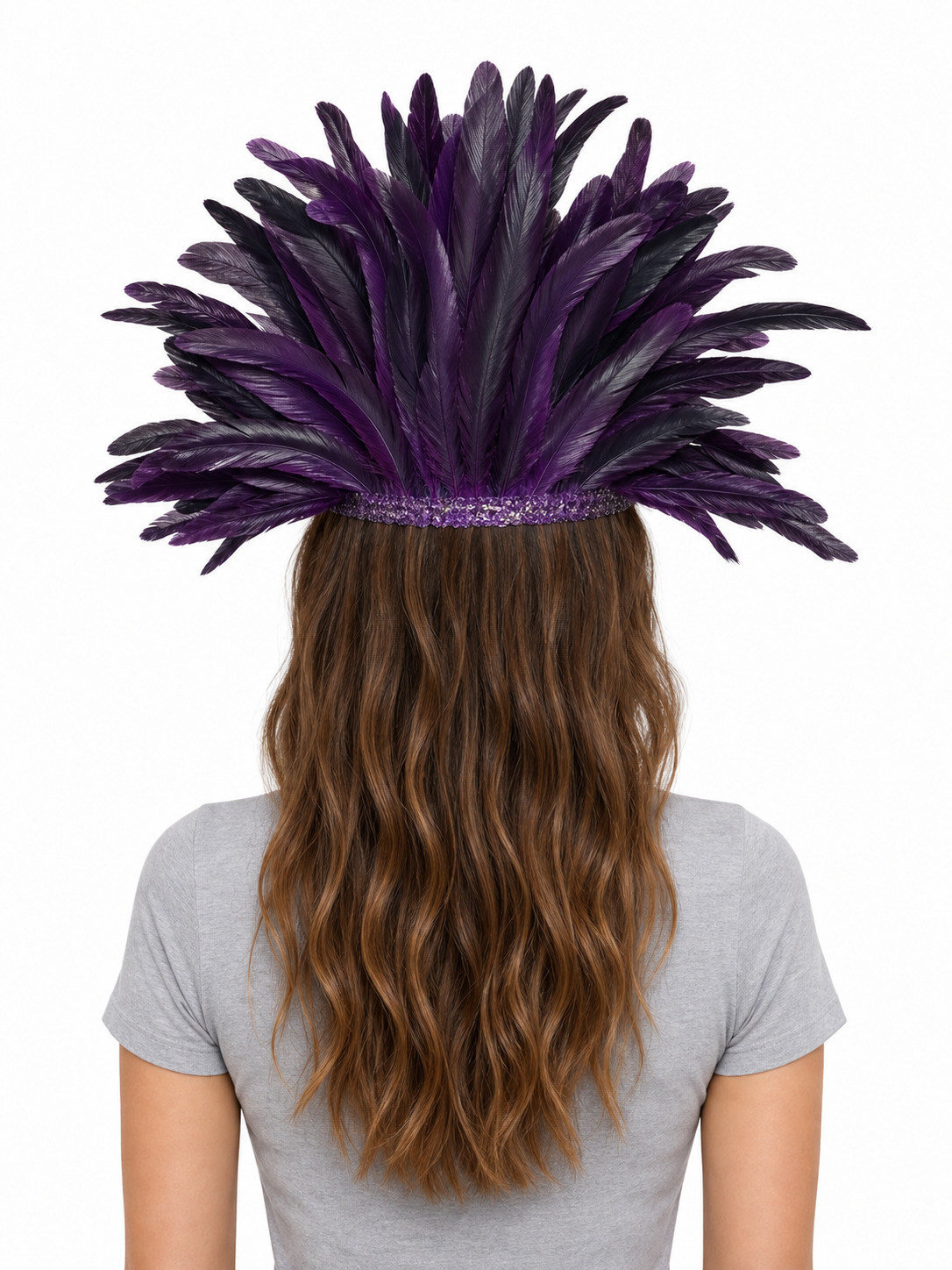 Back view of a purple and black feather headpiece on a model, showing the dense feather arrangement and purple band