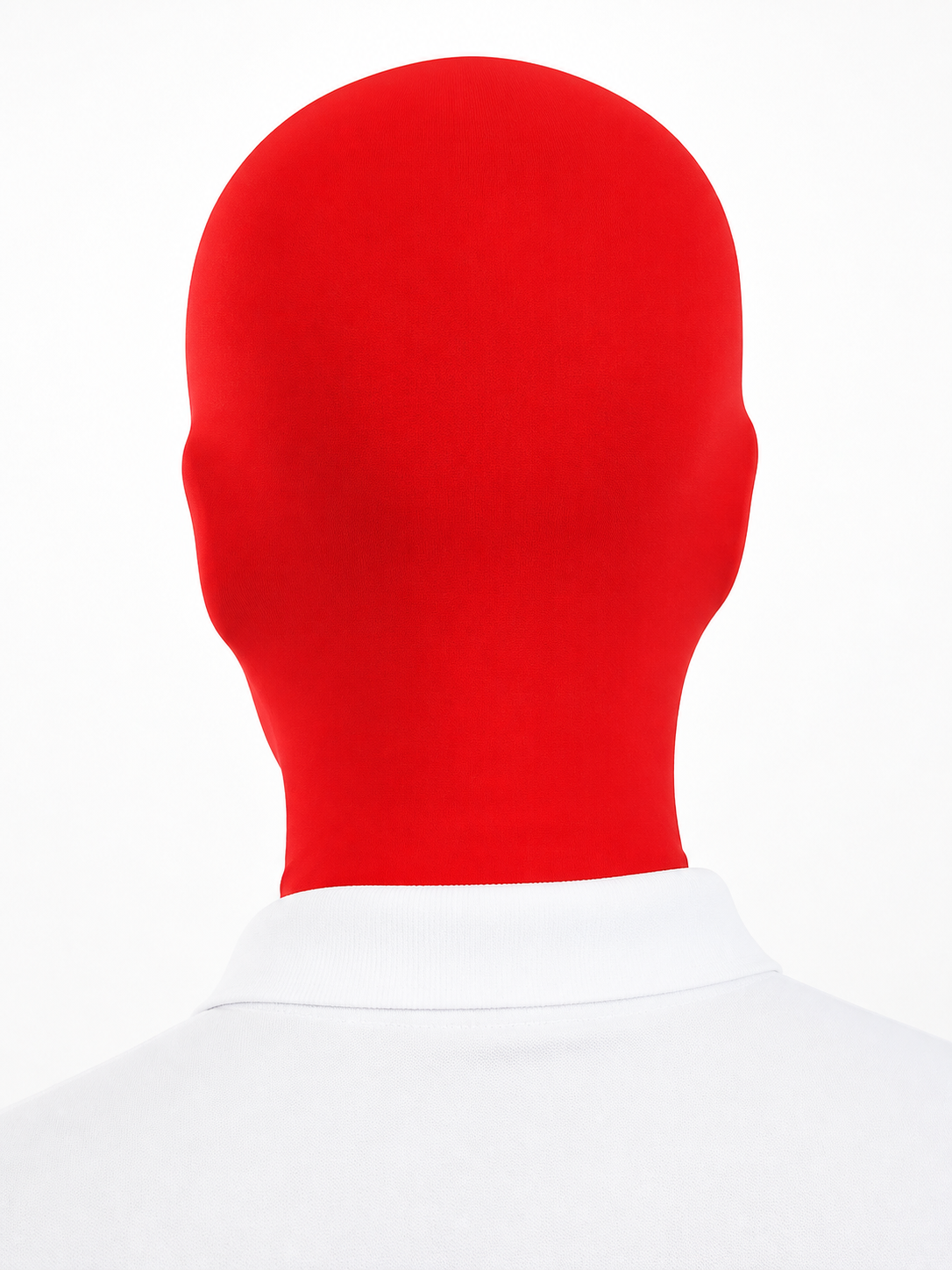 Red fabric full-face mask worn by a model, shown from the back over a white collared shirt