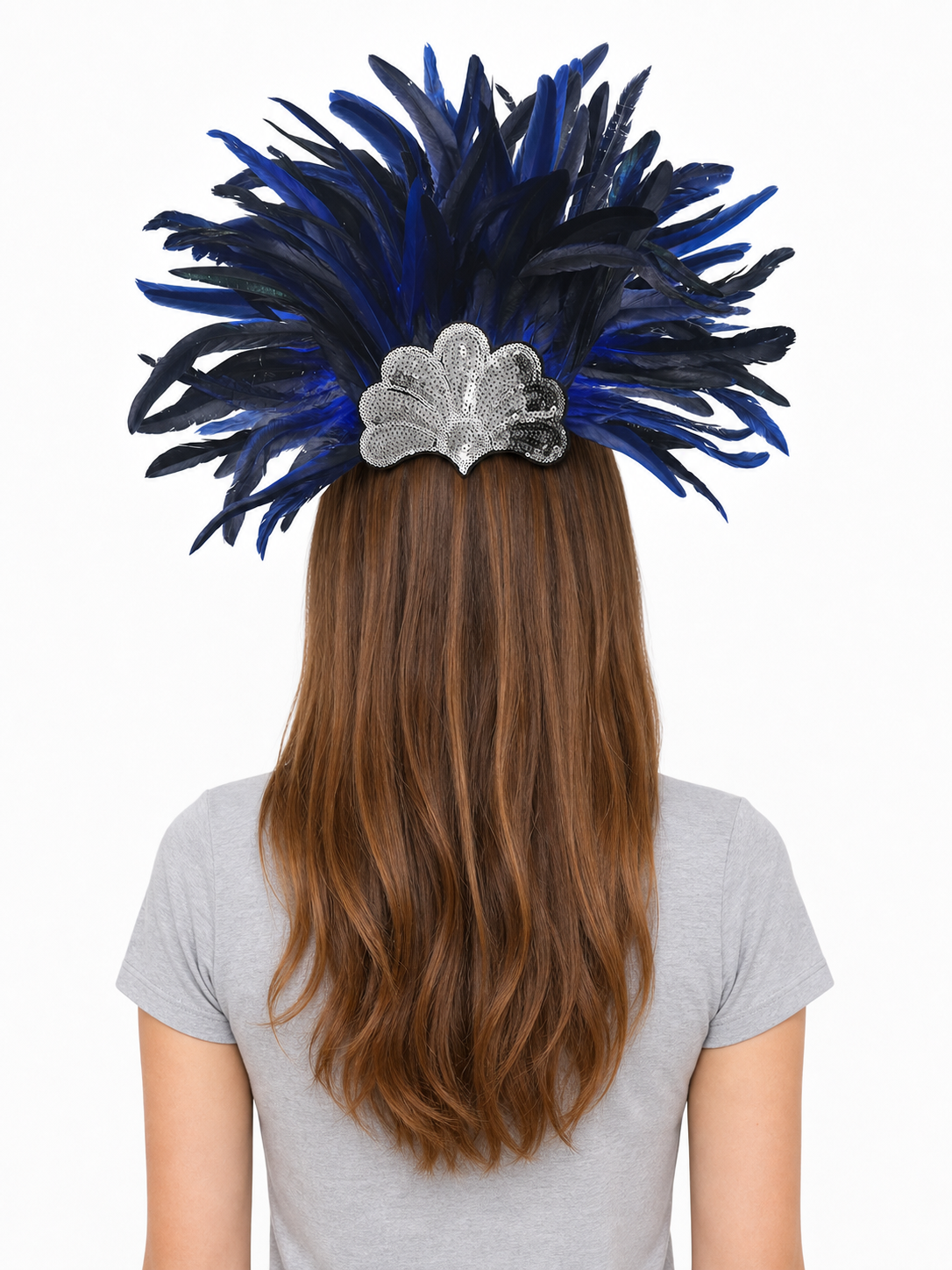 Carnival Headpiece with Blue Feathers back view 2