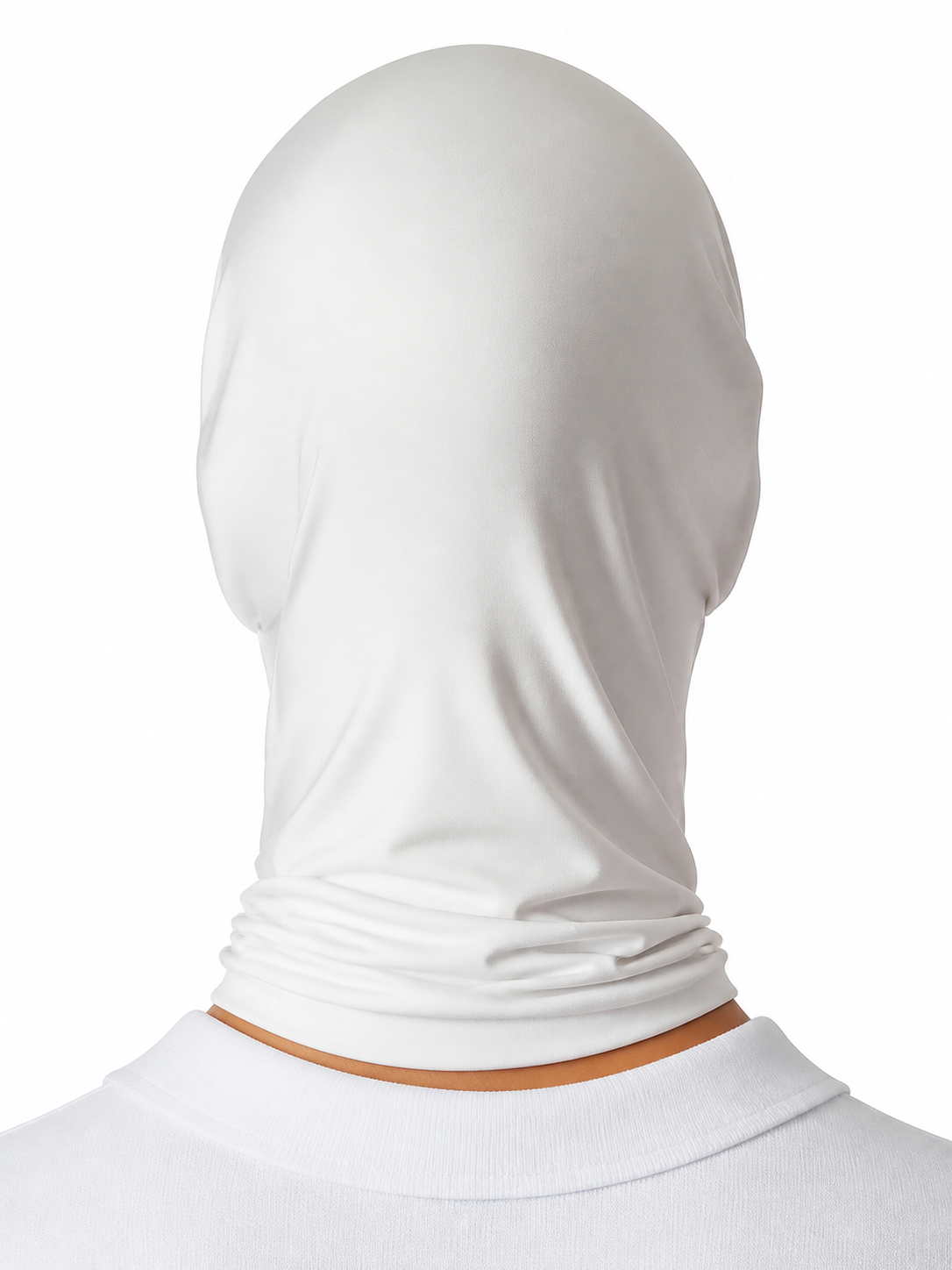 White smooth fabric hood mask worn by a person in a white shirt, shown from the back with gathered folds around the neck