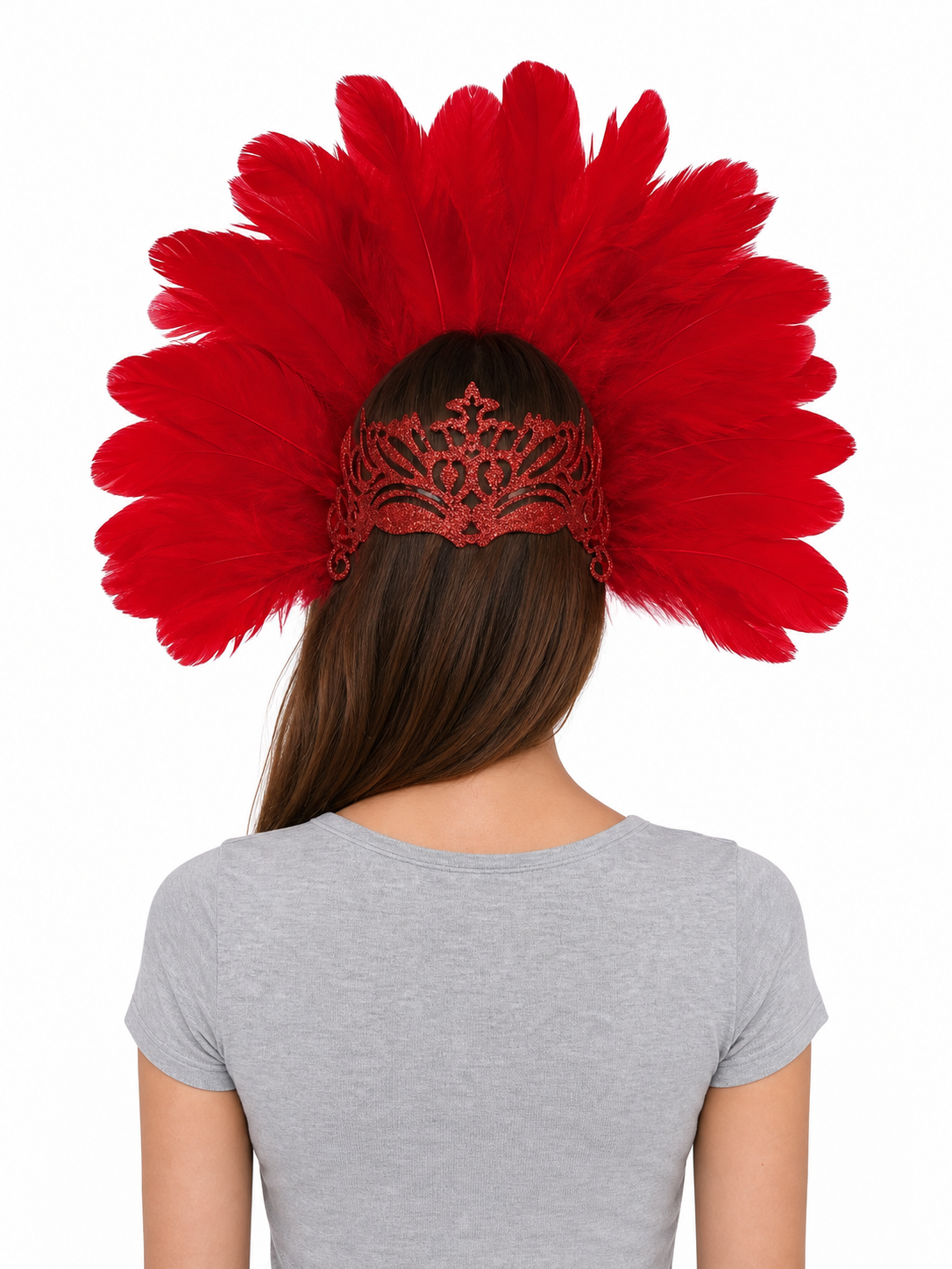 Red feather headpiece shown from the back on a model wearing a gray T-shirt, with the ornate mask band visible