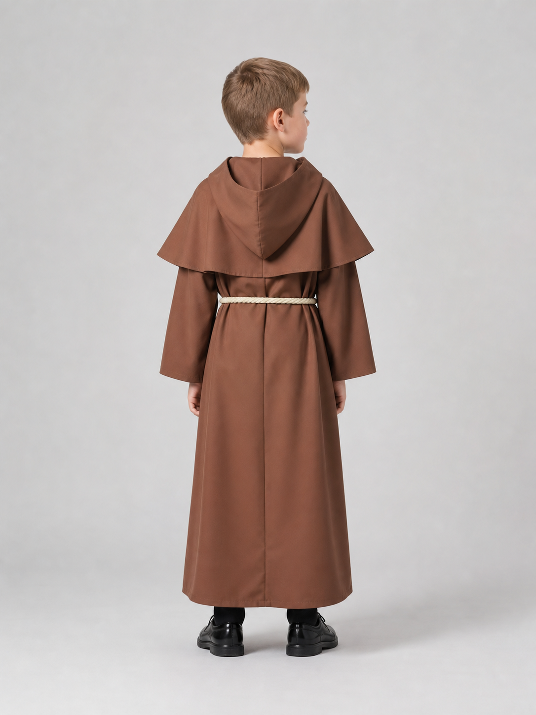 Brown hooded costume with cross back view 2