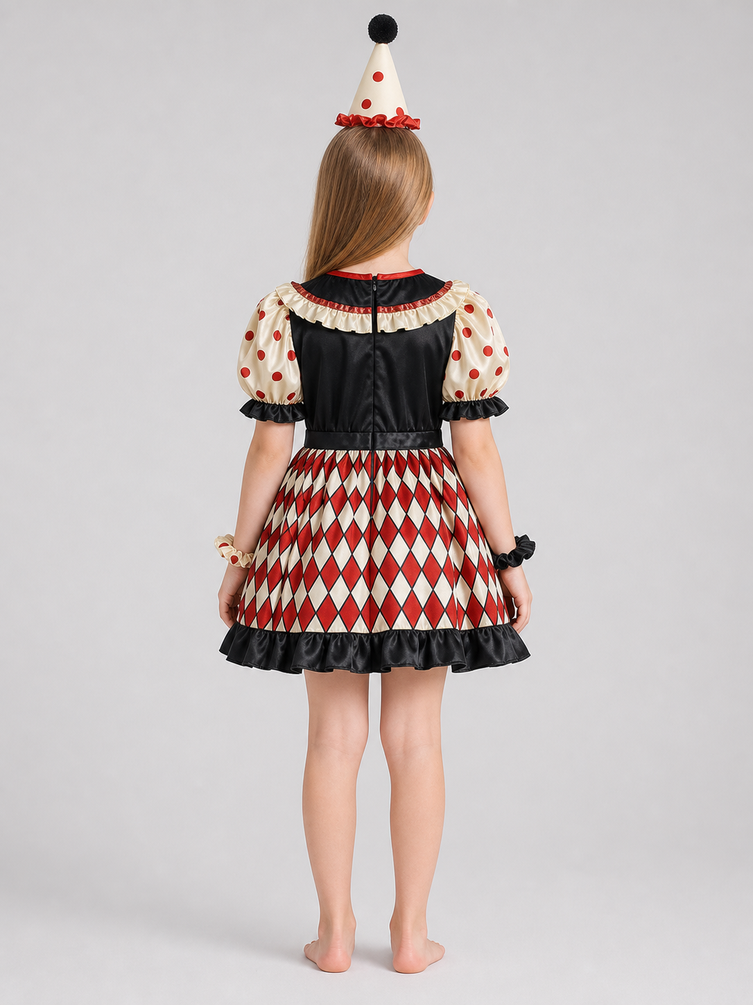 Clown Costume with Dress, Hat, and Shoes back view 2