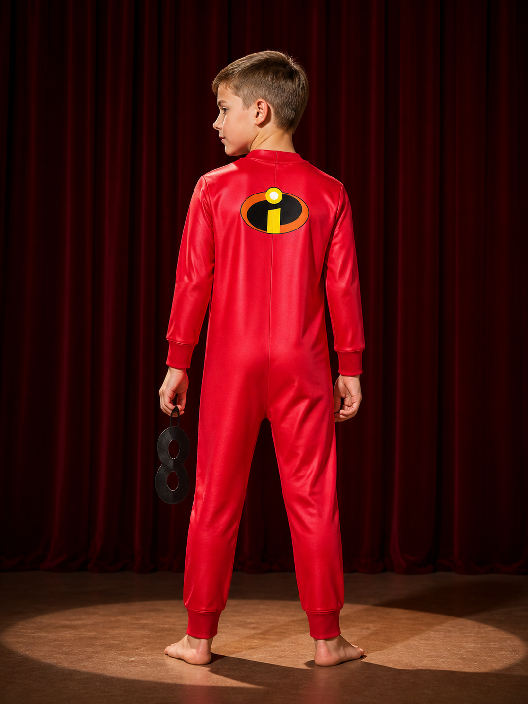 Kids' Superhero Jumpsuit Costume with Eye Mask - Red Unitard for Halloween back view