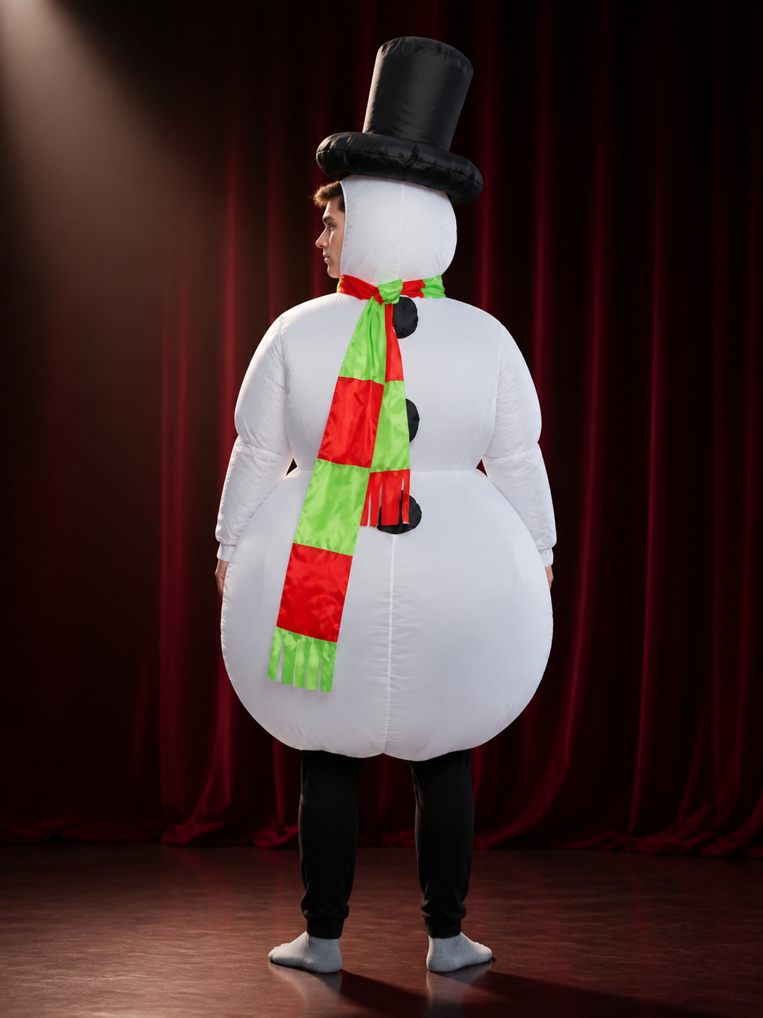 Fluffy Snowman Jumpsuit Costume Set with Hat and Scarf back view