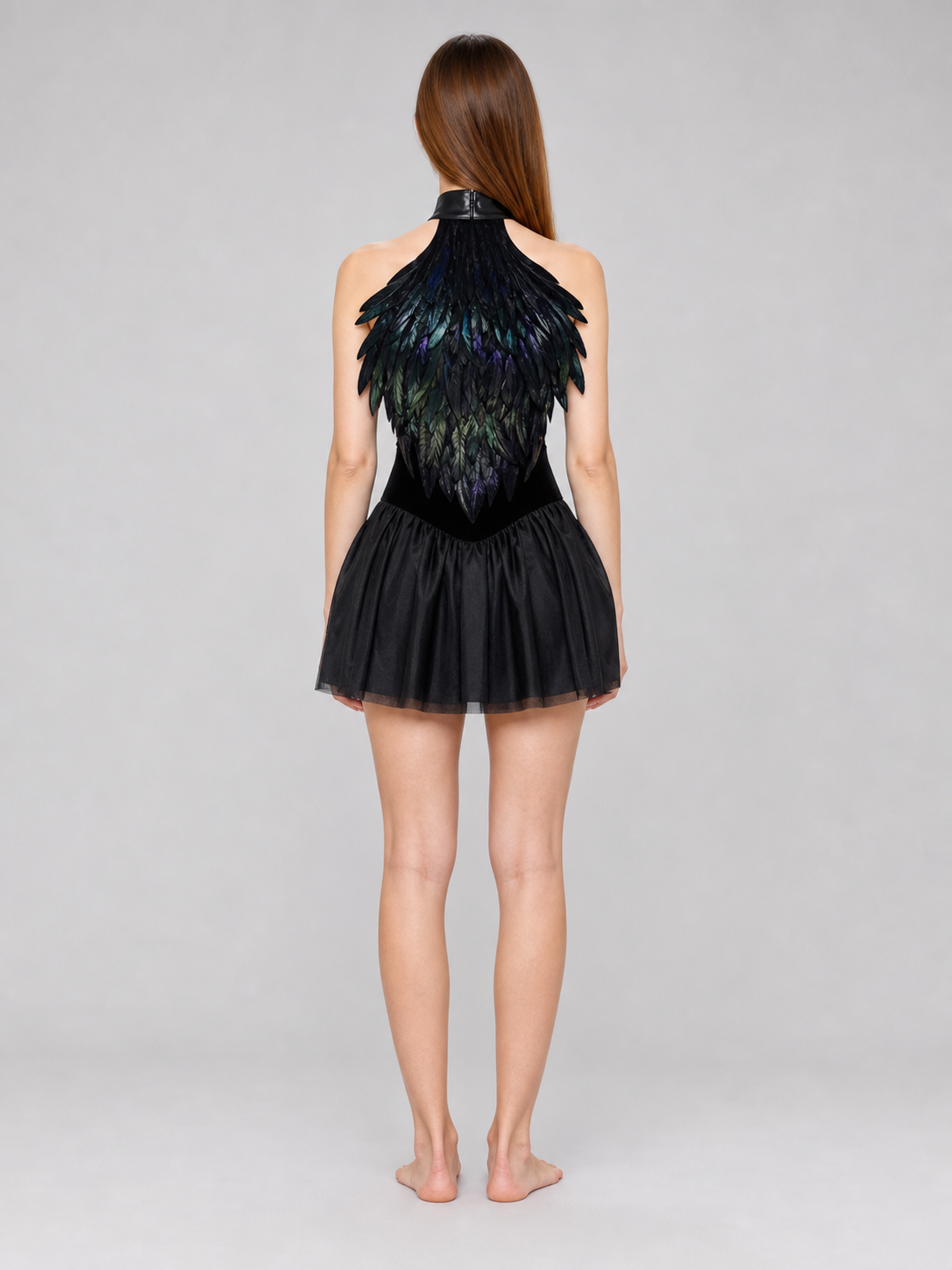 Black halter top with a feather-like texture and no embellishment
