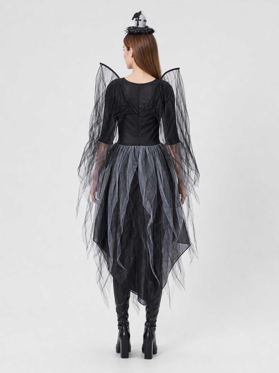 Skeleton costume dress with wings and headpiece back view 2