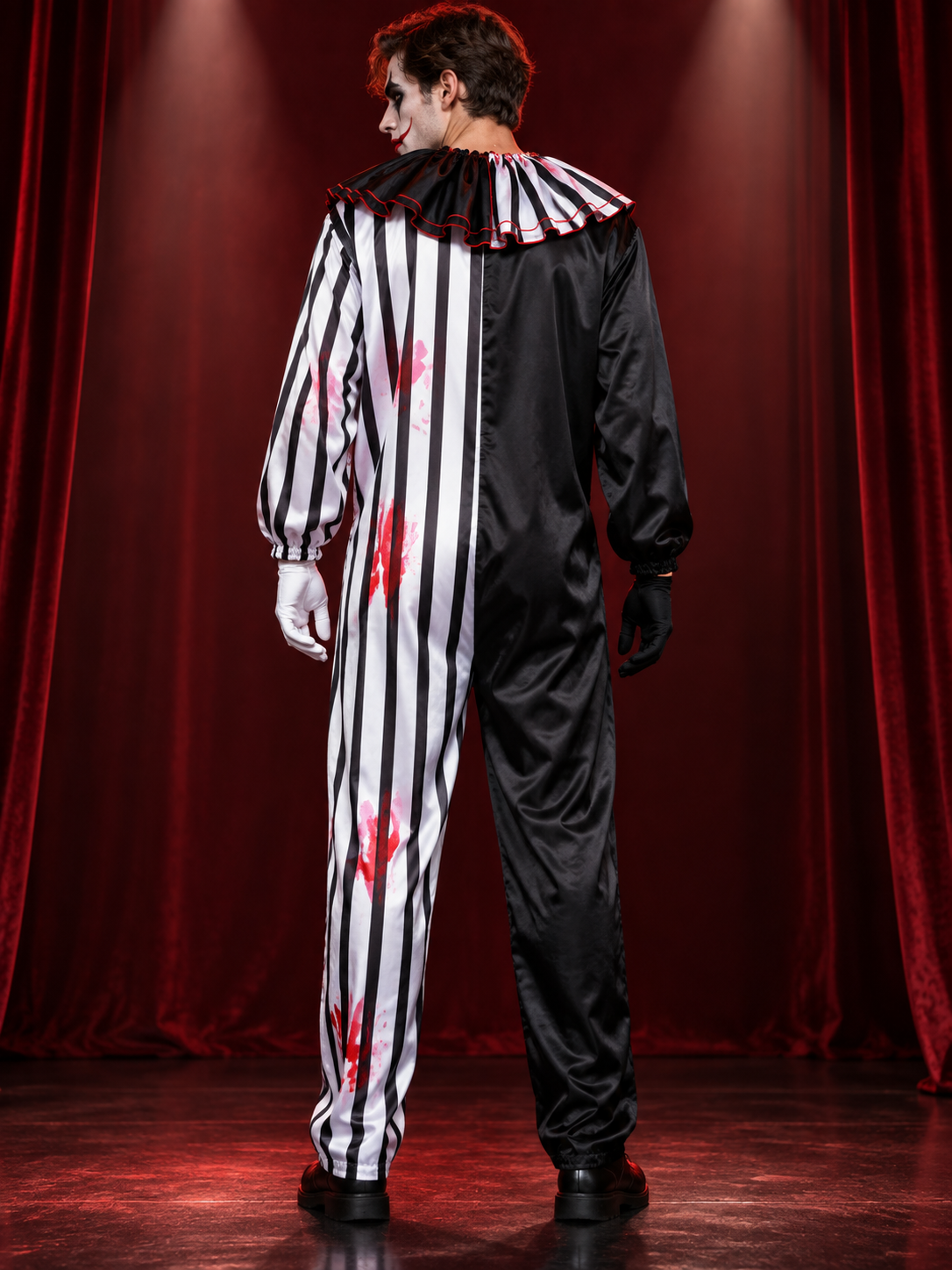evil clown costume with striped print and gloves