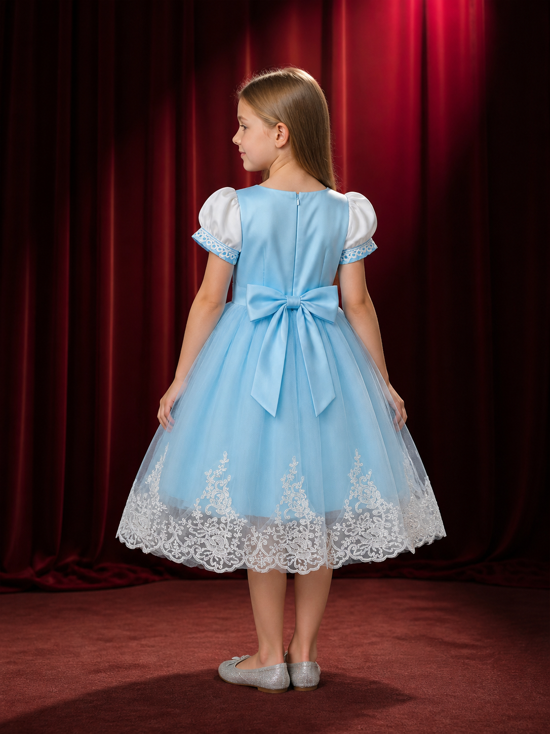Girls' Sky Blue Princess Dress, Puff Sleeve Tulle Dress With Bow And Lace Trim back view