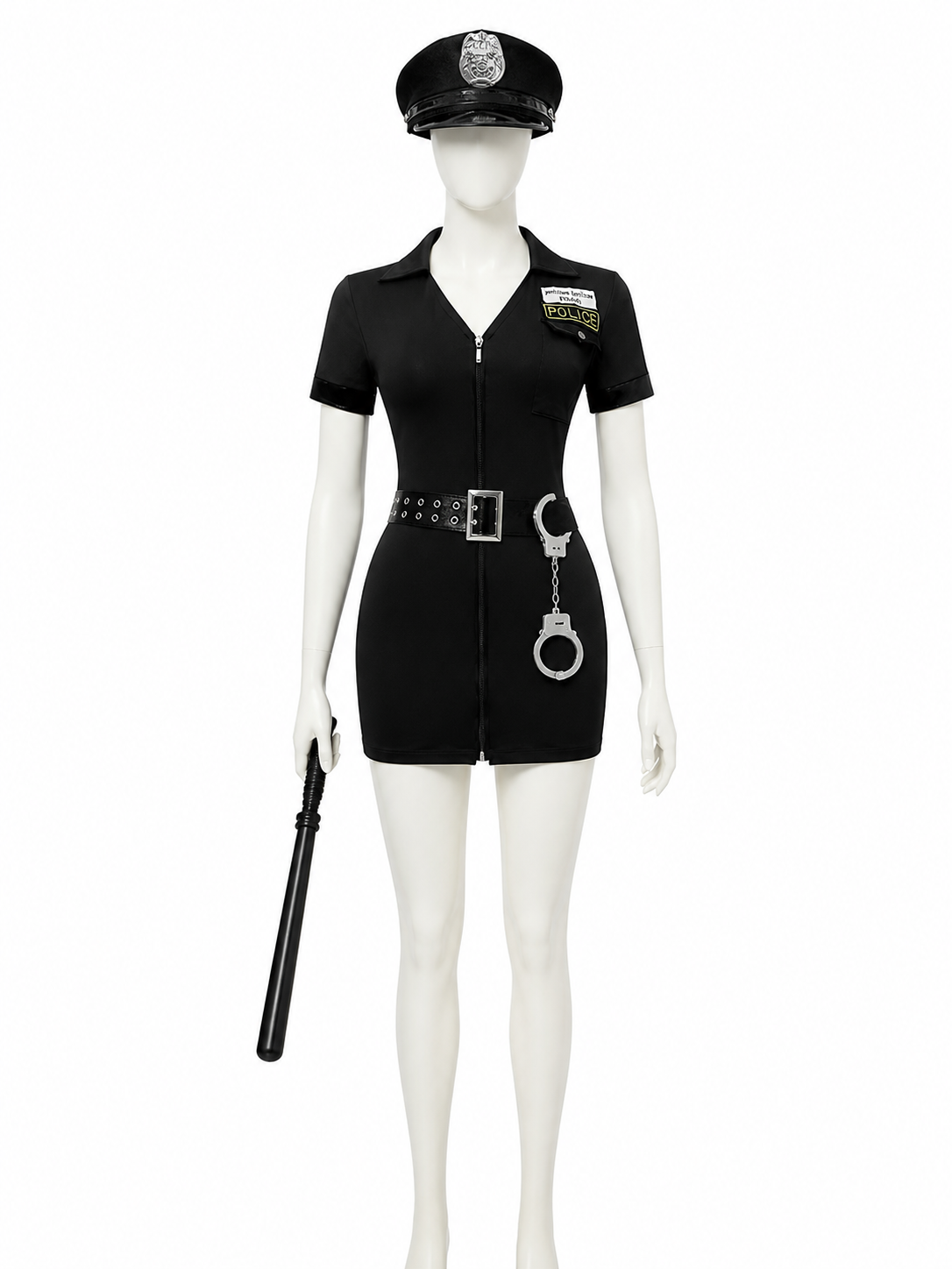 Women's Police Halloween Costume Set, Short Sleeve Zipper Jumpsuit with Hat back view