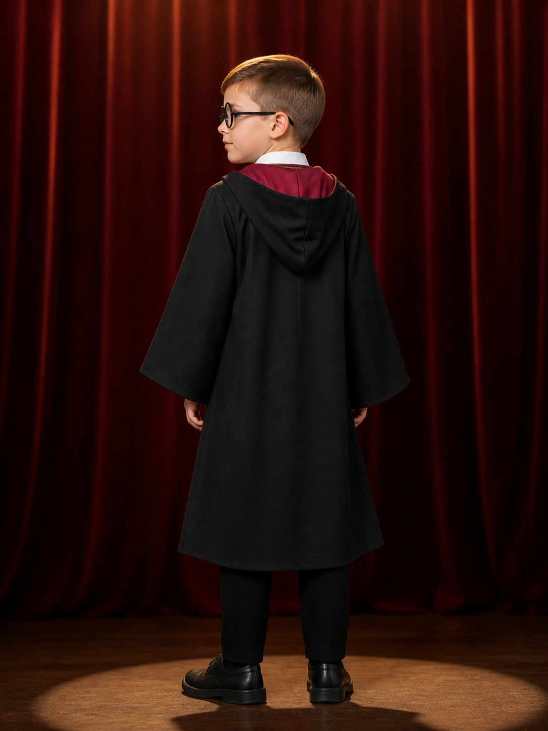 Kids Wizard Costume Set, Hooded Robe With Round Glasses, Tie, Inner Top And back view