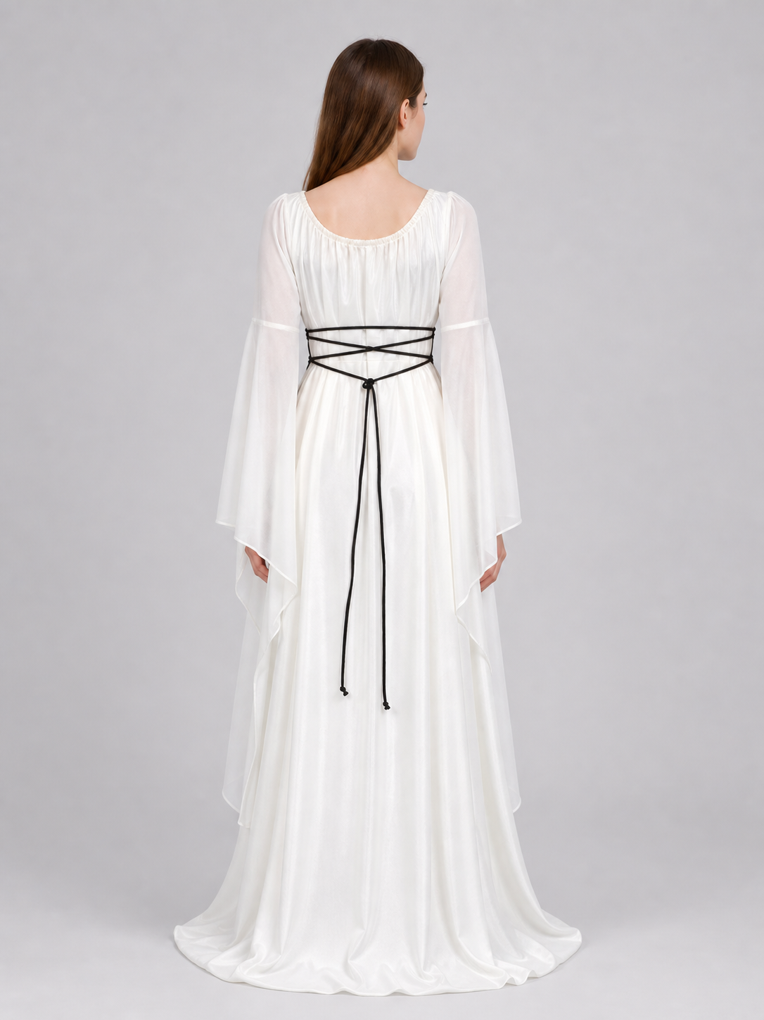 Long White Dress with Flared Sleeves and Lace-Up Detail