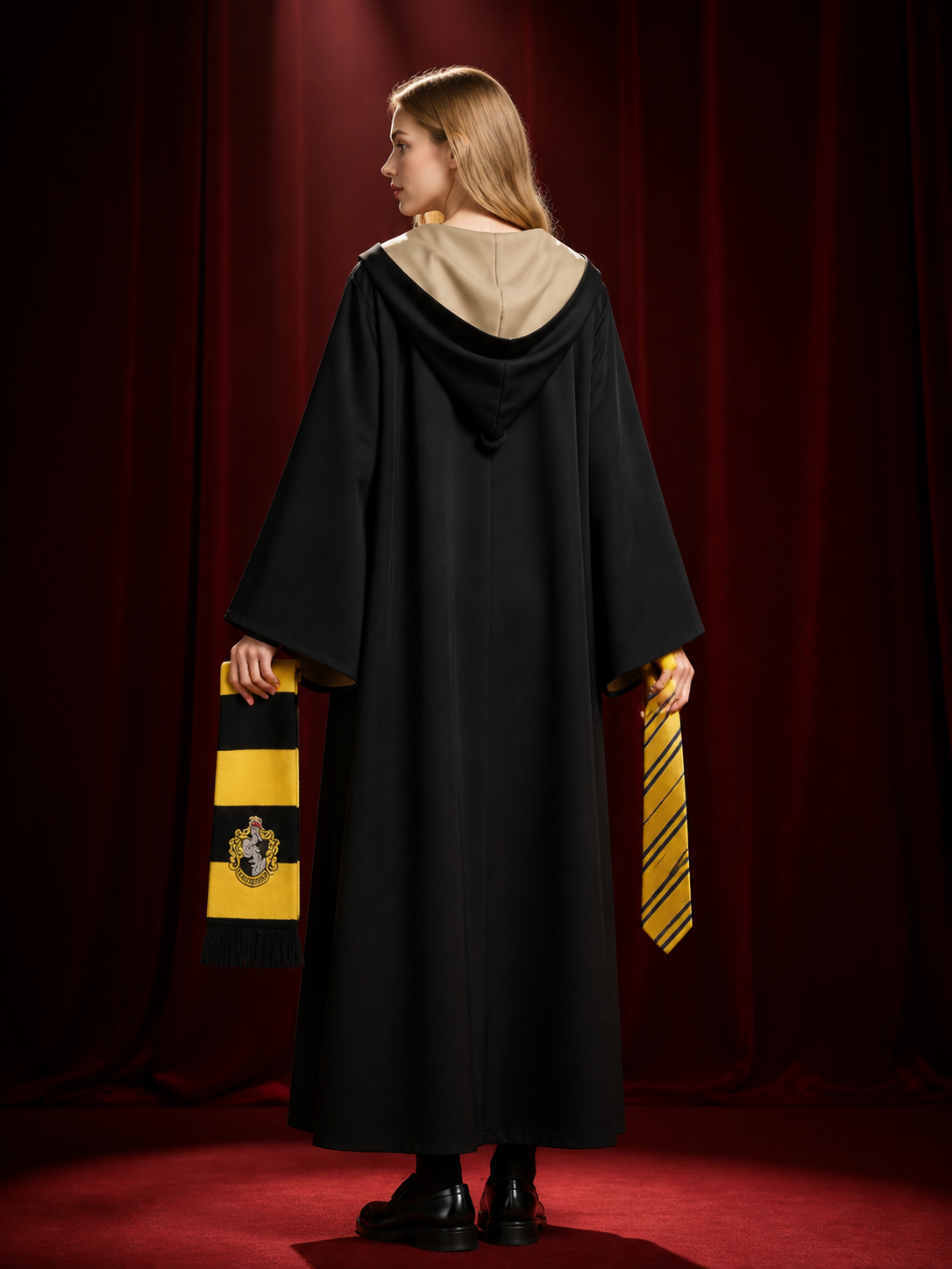 Hufflepuff Wizard Robe Costume Set with Hooded Cloak, Tie, Scarf and Halloween back view