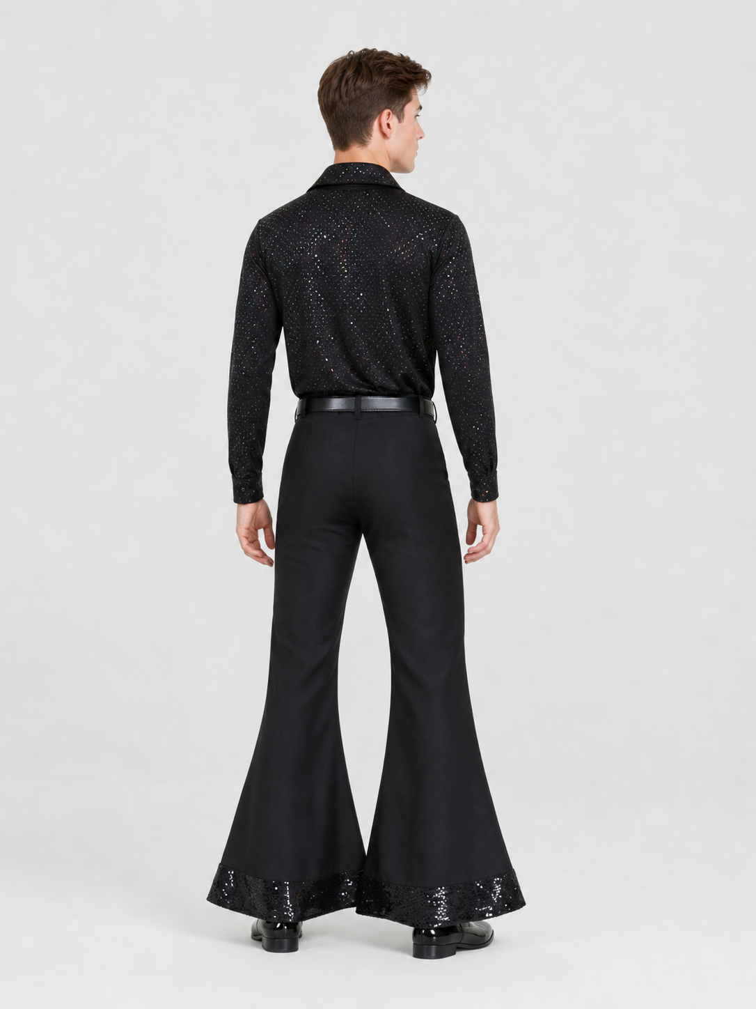 Retro disco costume: shirt and bell-bottom pants back view