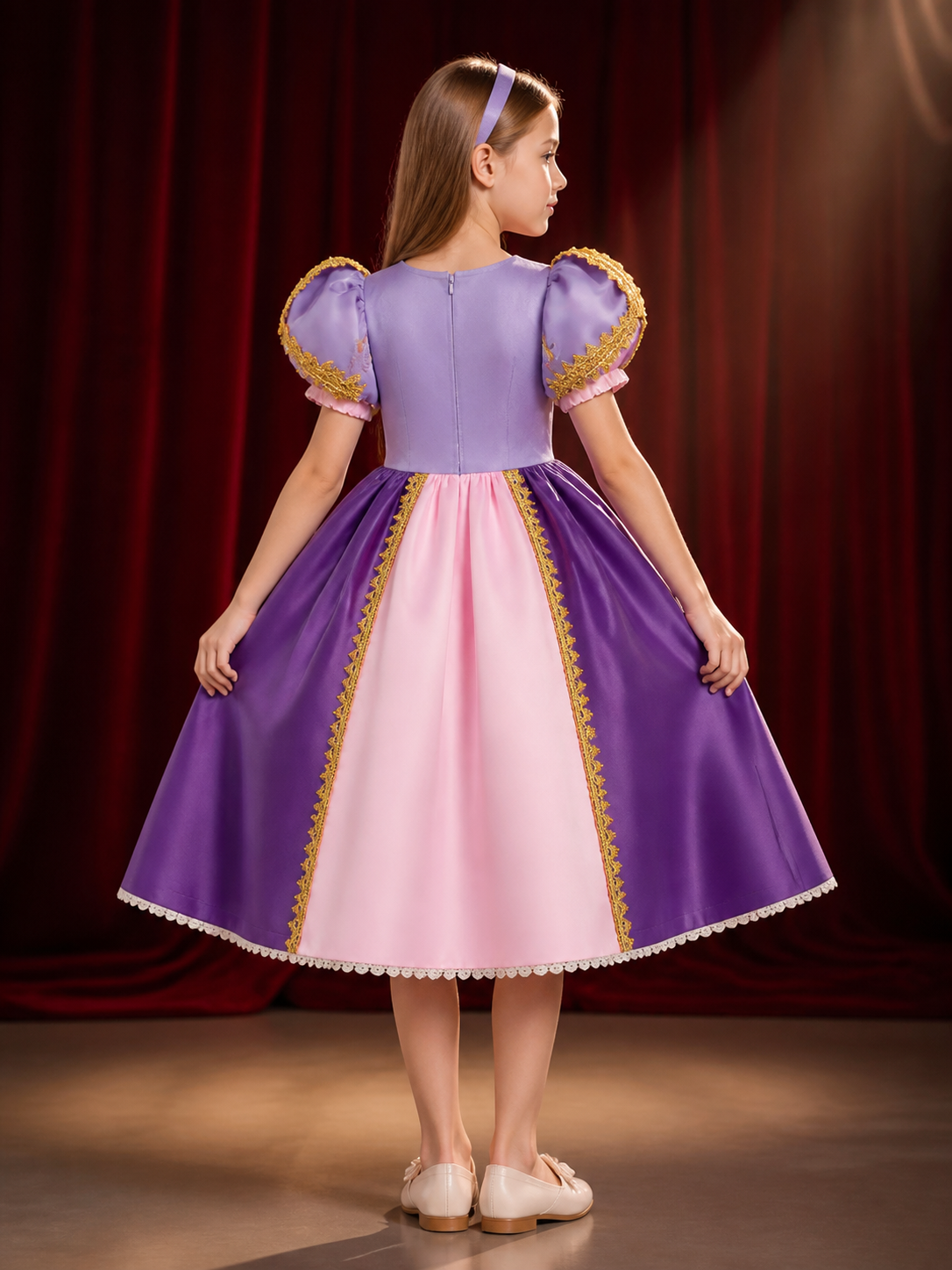 Toddler Girls' Purple Pink Princess Dress, Puff Sleeves, Floral Full Skirt