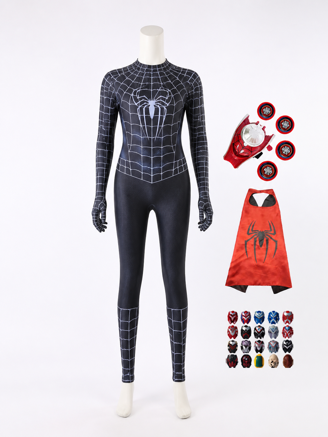 Kids' Black Spider Web Bodysuit Costume with Hooded Mask, Cape, Toy and Launcher back view